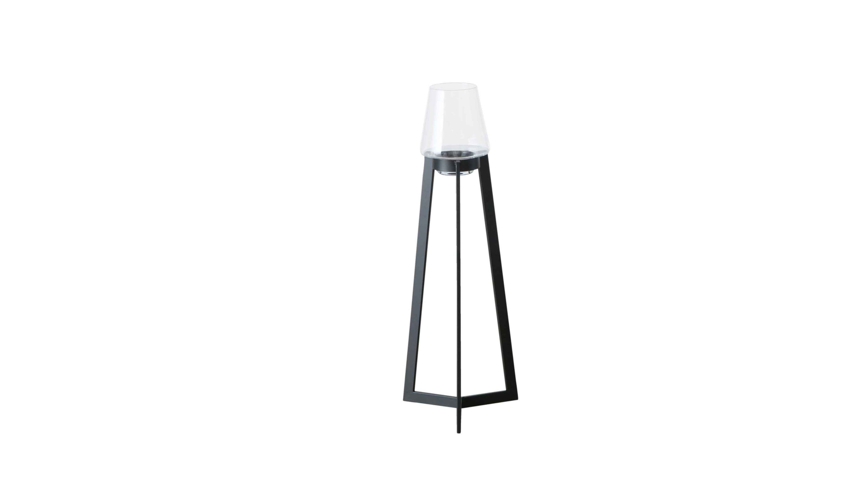 Windlicht mit klarem Glas und schwarzem Metallgestell Windlicht mit klarem Glasaufsatz und schwarzem dreibeinigem Metallgestell