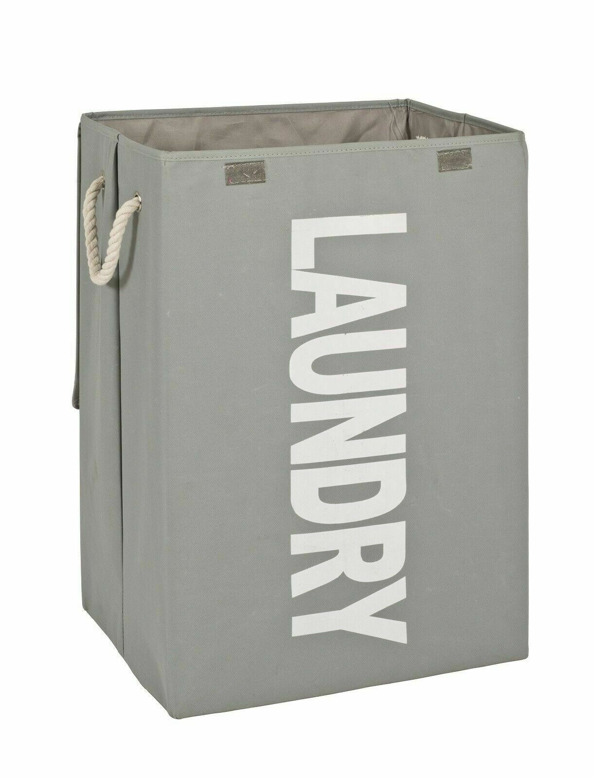 Offener Wäschesammler in Grau mit weißem LAUNDRY-Schriftzug und zwei seitlichen Kordelgriffen  freistehend auf Weiß