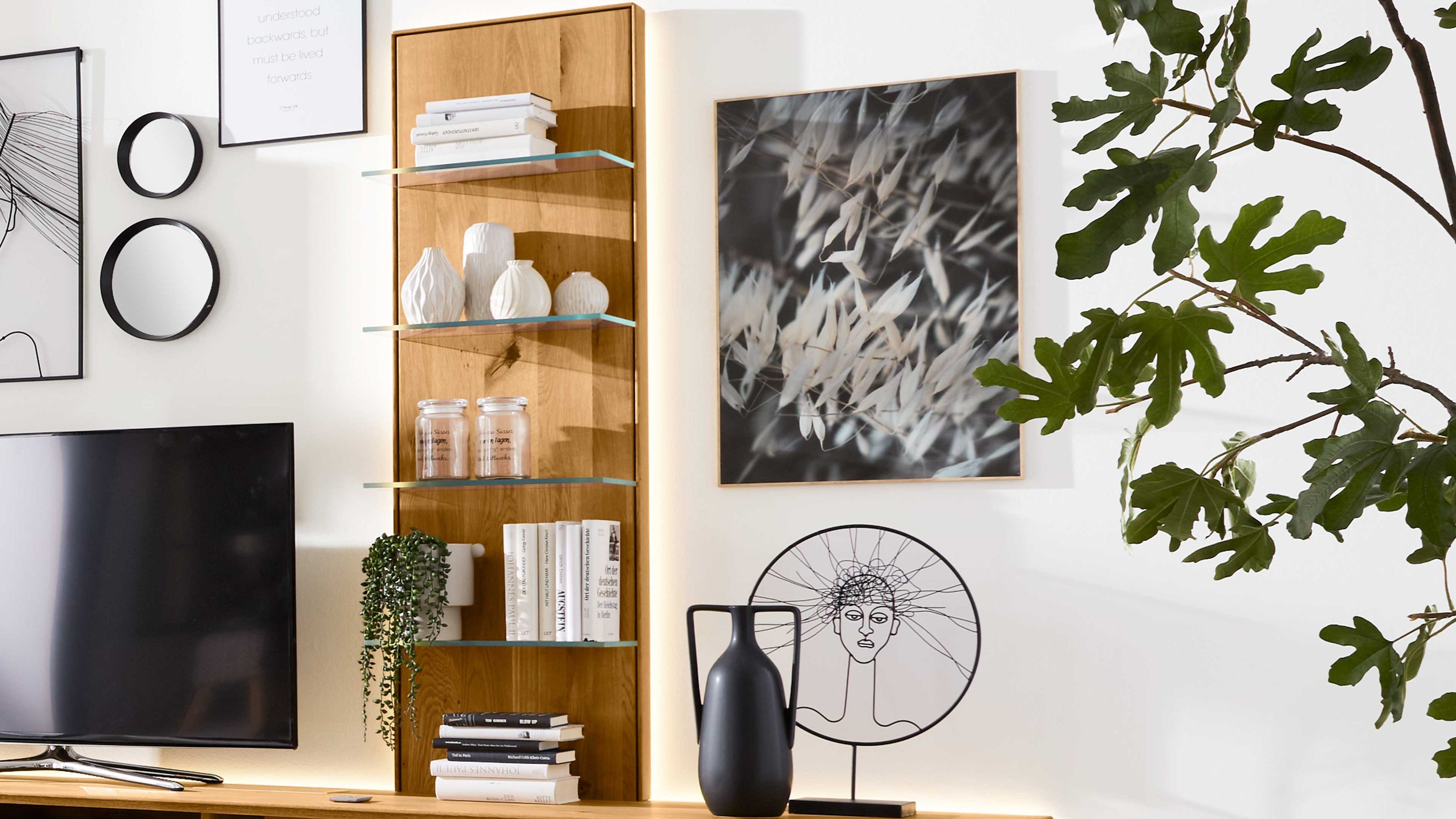 Helles Wohnzimmer mit Holzregal mit Glasböden schwarzem Fernseher Wandbildern und grüner Pflanze