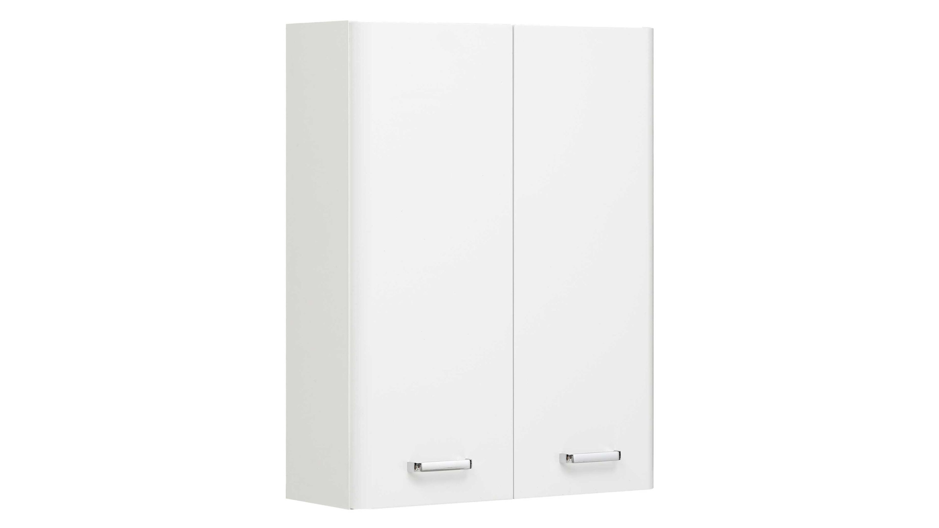 Weißer Wandschrank mit zwei Türen und silbernen Griffen