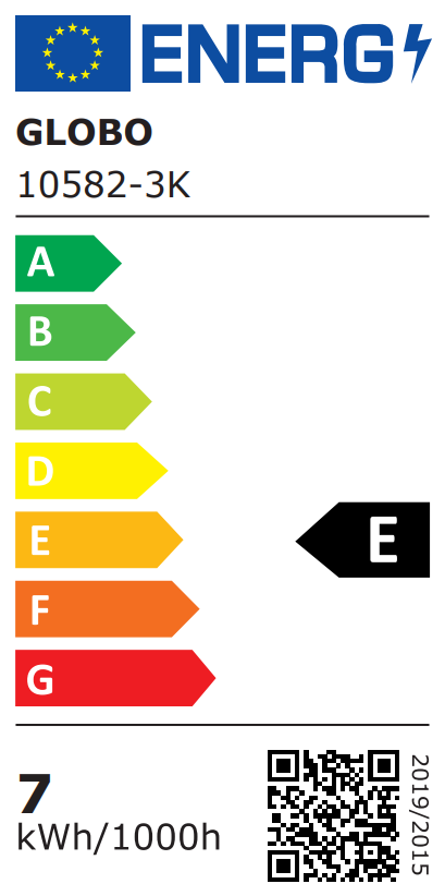 EU-Energielabel für GLOBO LED E27  Klasse E  7?kWh/1000h  mit QR-Code und Modellnummer 10582-3K