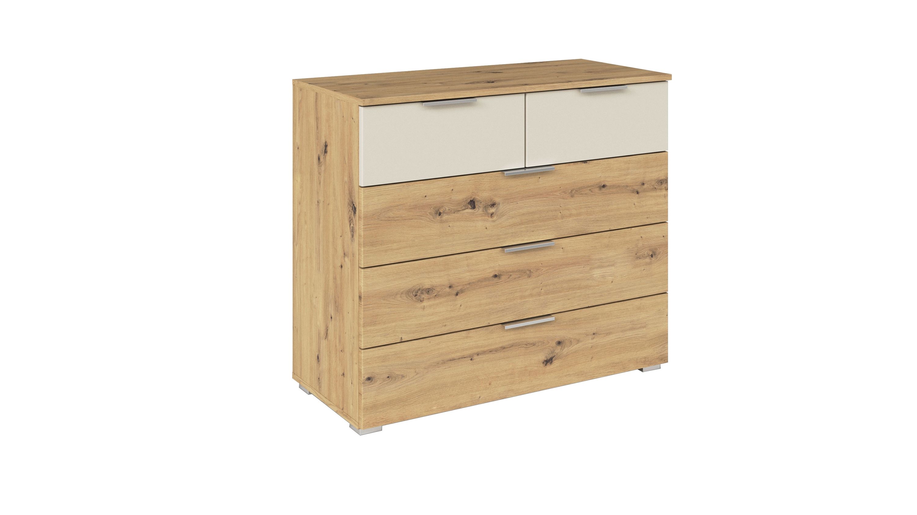 Kommode mit Schubladen in Holz- und hellen Farben Kommode mit vier Schubladen in Holzoptik und zwei hellen Schubladen oben