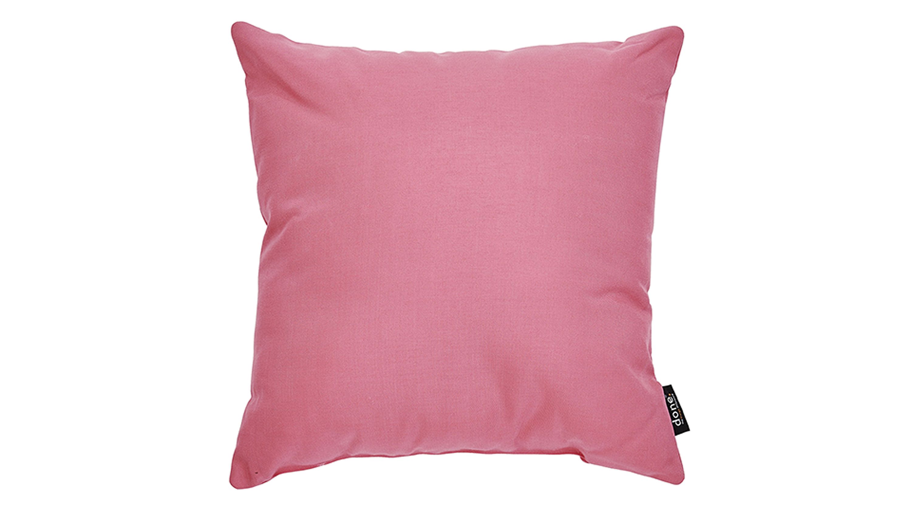 Quadratisches Kissen in rosa mit glattem Bezug und kleinem schwarzen Label an der Seite