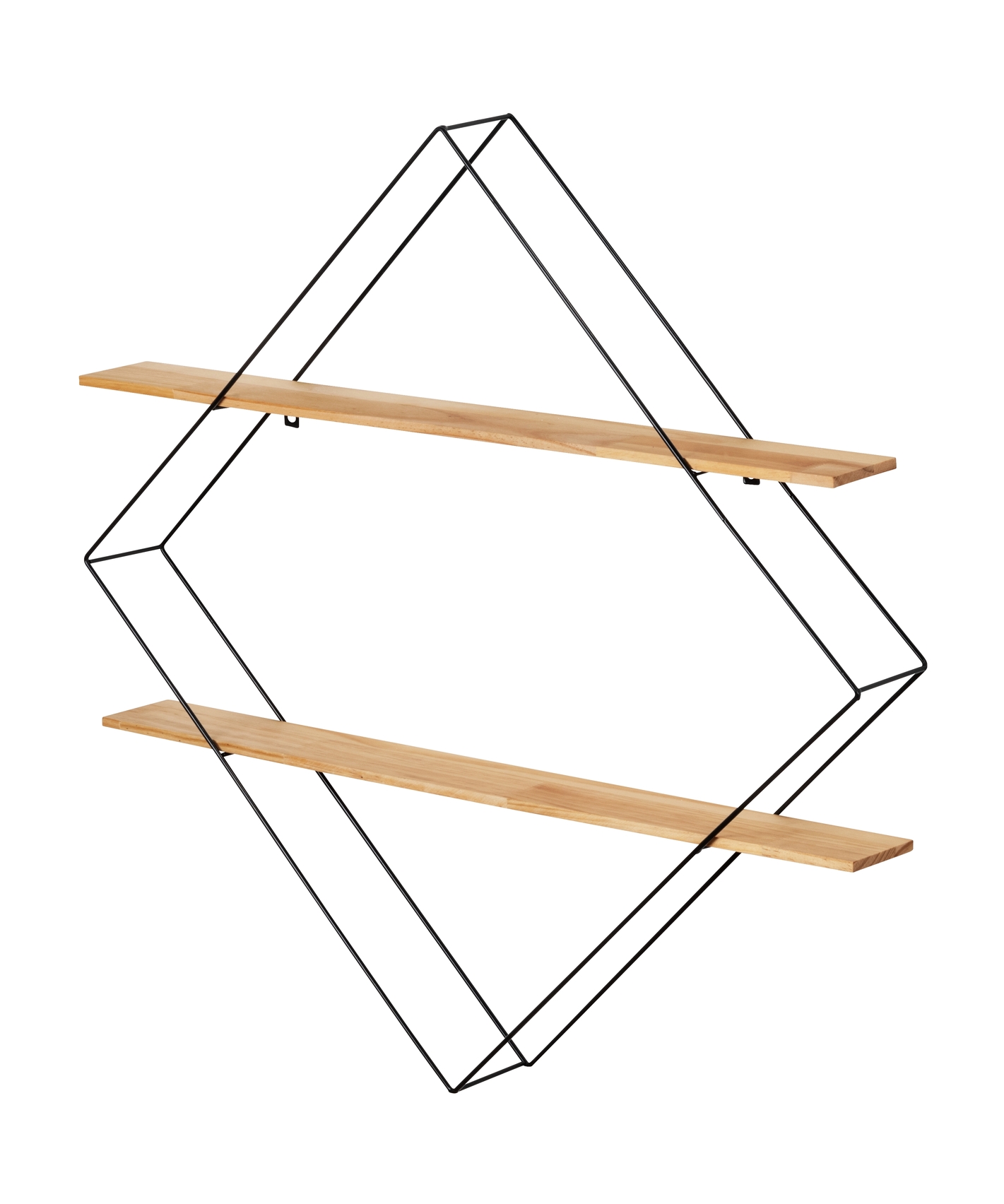 Wandregal mit schwarzem Metallrahmen in Rautenform und zwei braunen Holzablagen  aufgenommen aus Frontalperspektive