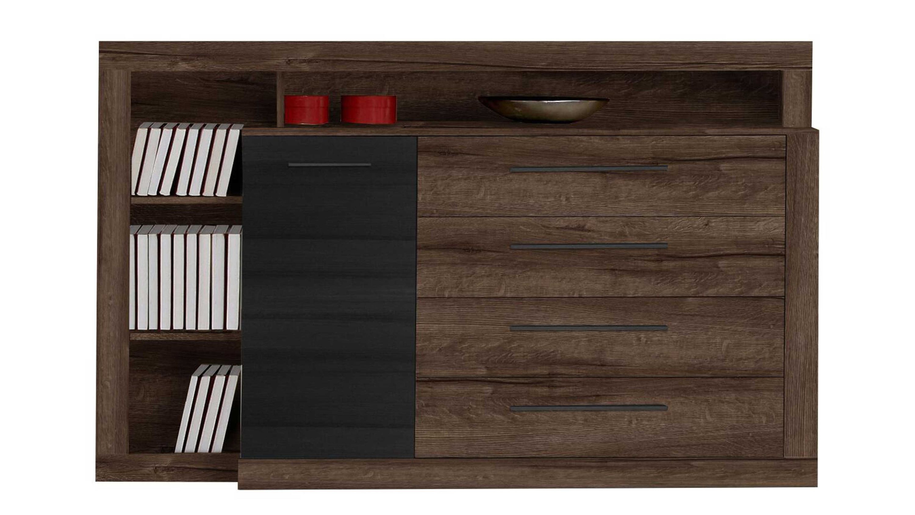 Sideboard mit einer schwarzen Tür vier Schubladen und offenen Fächern in dunkler Holznachbildung