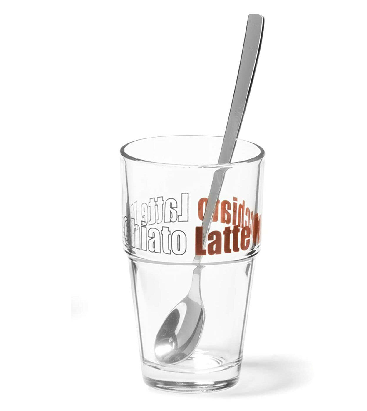 Einzelnes Latte-Macchiato-Glas von Leonardo mit Aufdruck Latte  leer  Löffel im Glas  freigestellte Frontaufnahme