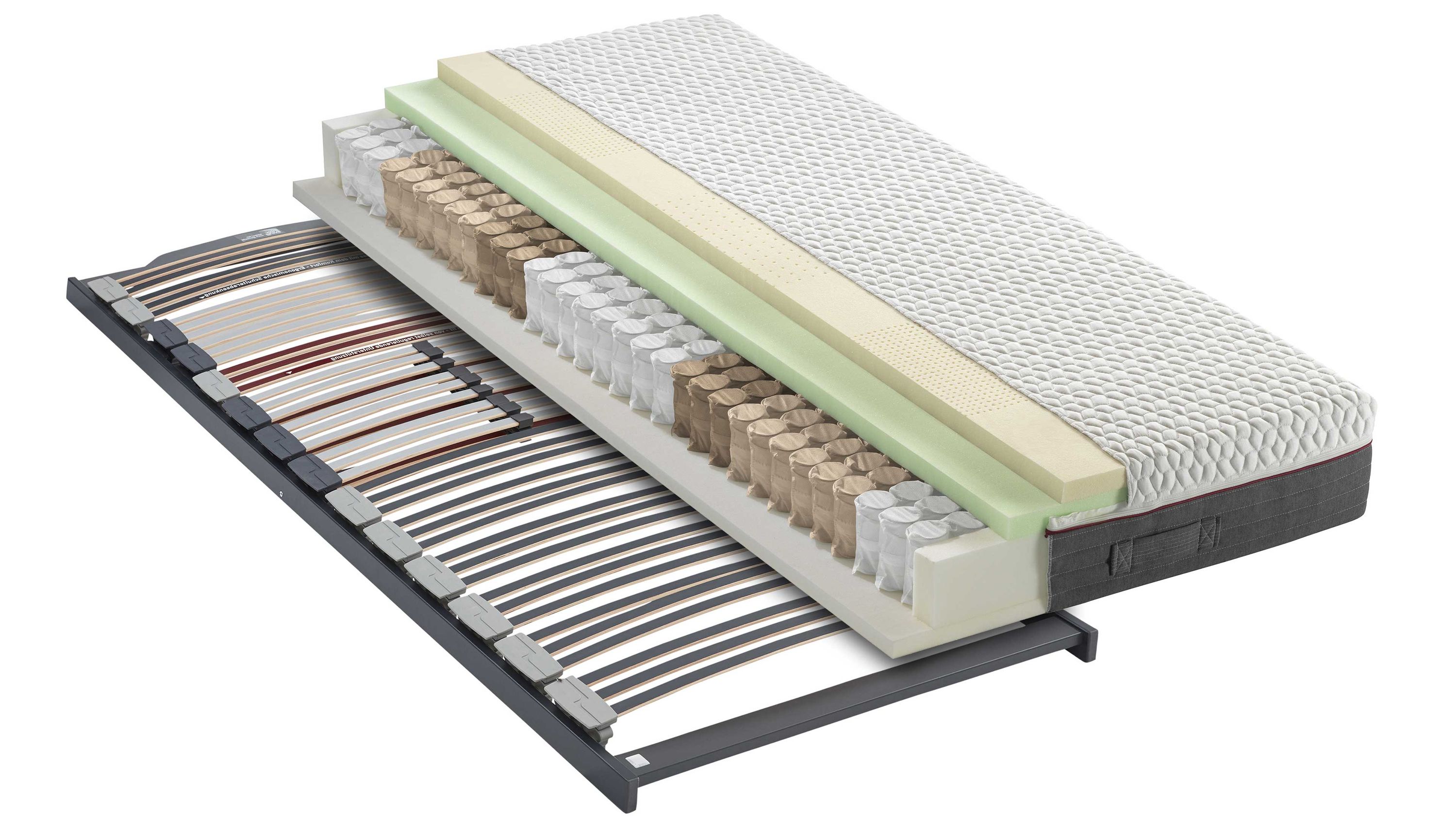 Taschenfederkernmatratze mit Schaumstoffschichten auf Lattenrost Aufgeschnittene Matratze mit Taschenfederkern und Schichten aus Schaumstoff auf Lattenrost
