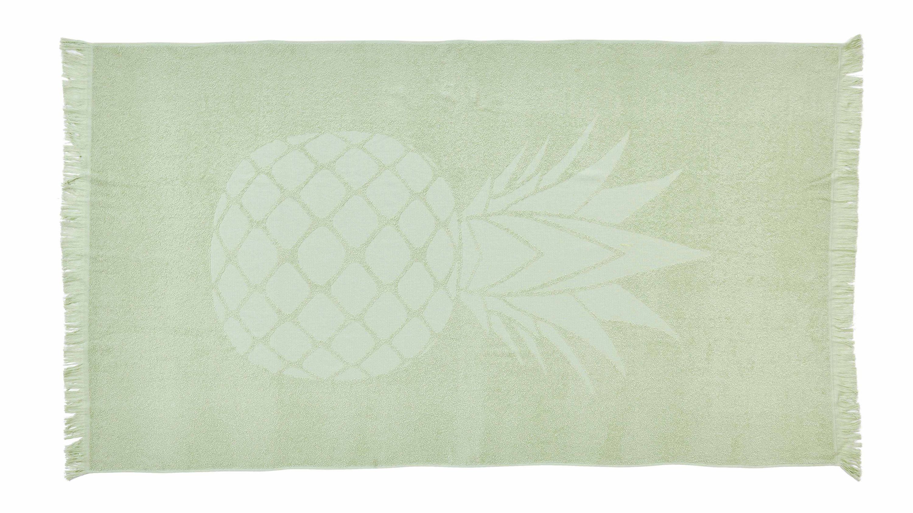 Hellgrünes rechteckiges Tuch mit Ananas-Motiv und Fransen an den kurzen Seiten