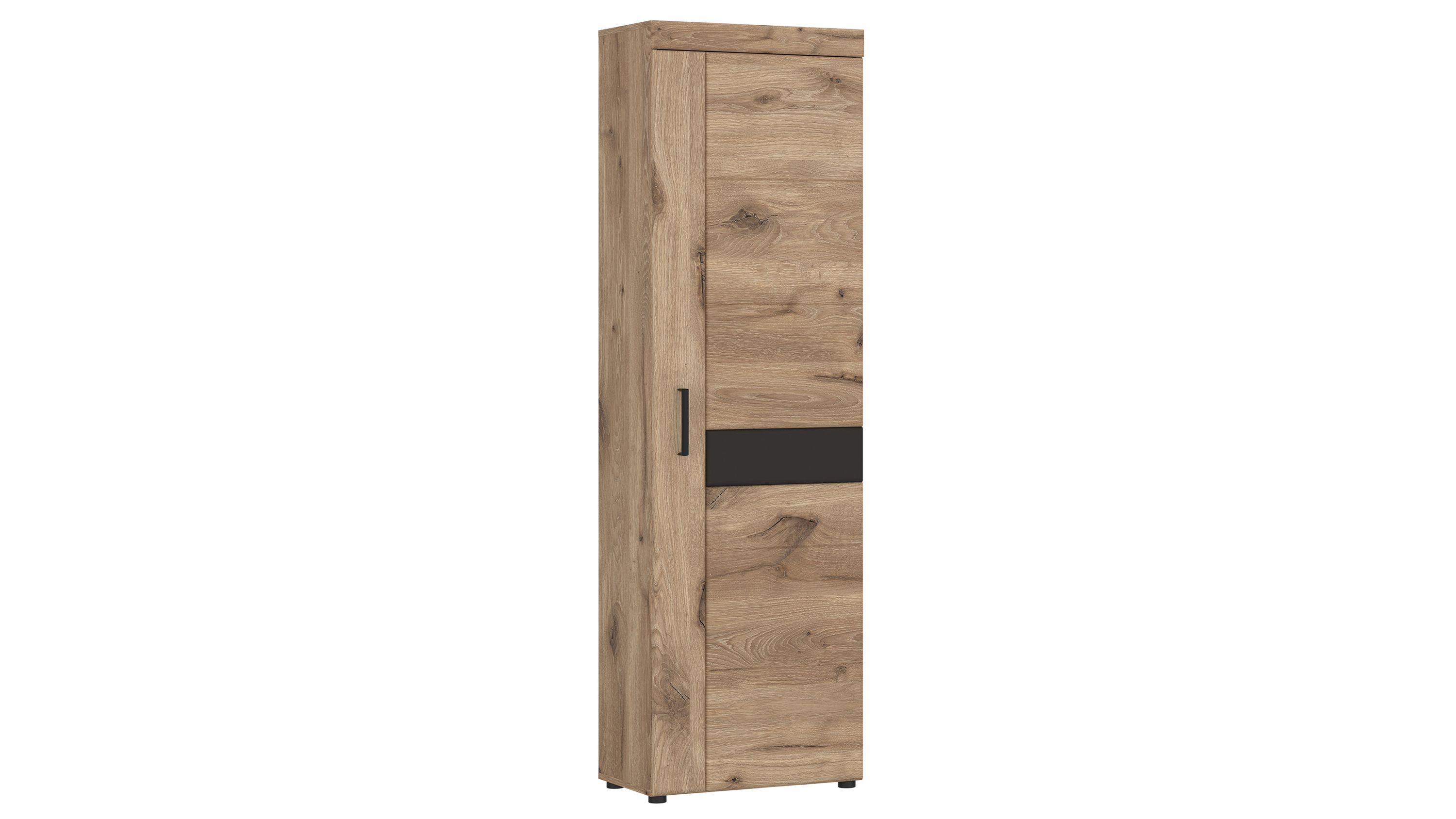 Schmaler Garderobenschrank mit einer Tür in Holzoptik und schwarzem Querstreifen
