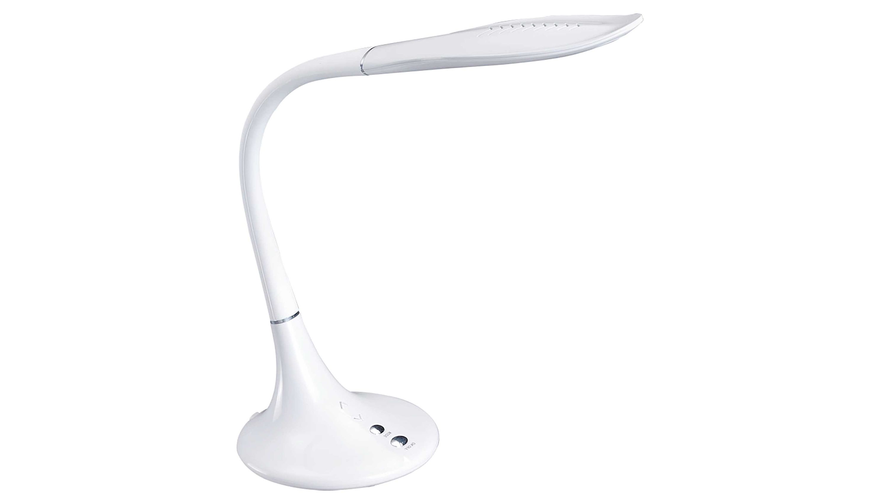 Weiße LED-Schreibtischlampe mit gebogenem Arm und rundem Sockel mit zwei Tasten