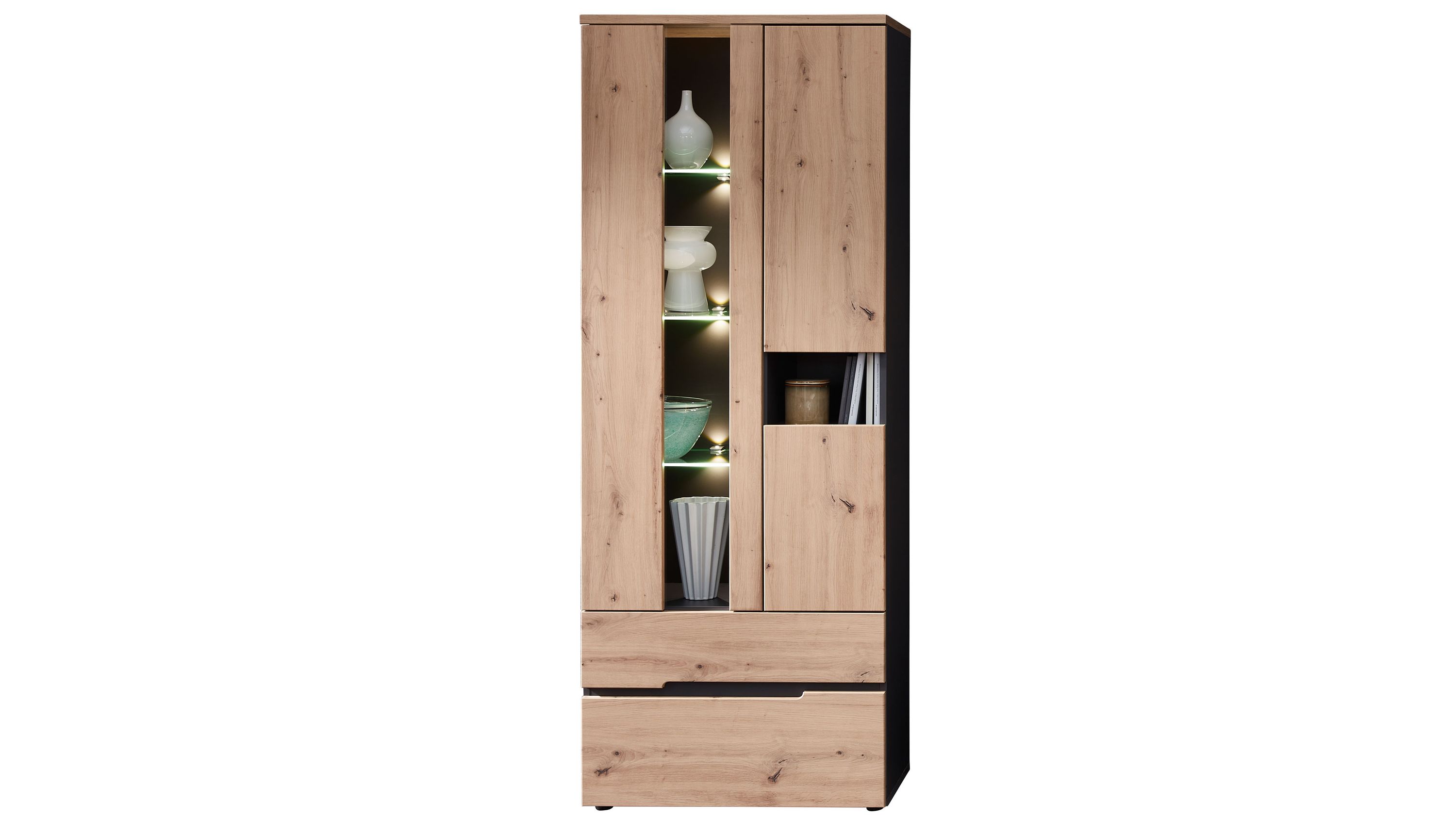 Hohe Vitrine mit Holz- und Glastüren Hohe Vitrine mit zwei Holztüren einer Glastür mit Beleuchtung und zwei Schubladen in Holzoptik