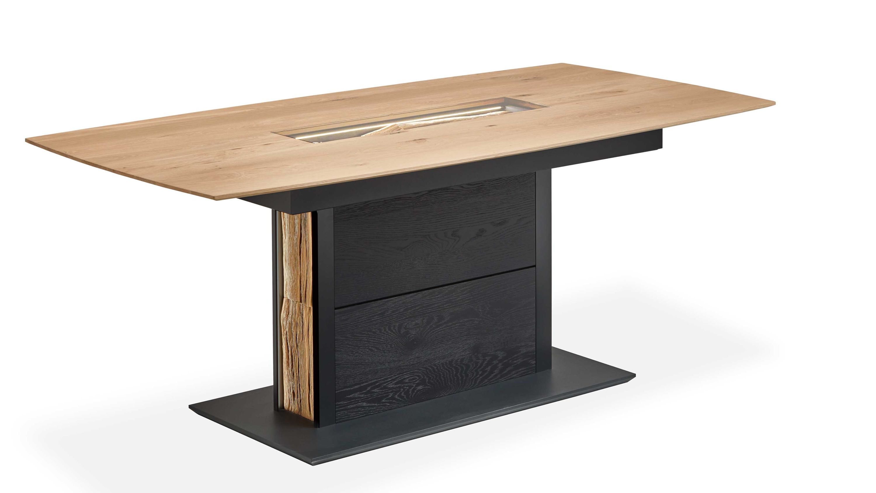Esstisch mit hellbrauner Platte und anthrazitfarbenem Fuß Rechteckiger Esstisch mit hellbrauner Tischplatte und anthrazitfarbenem Fuß mit Holzstruktur