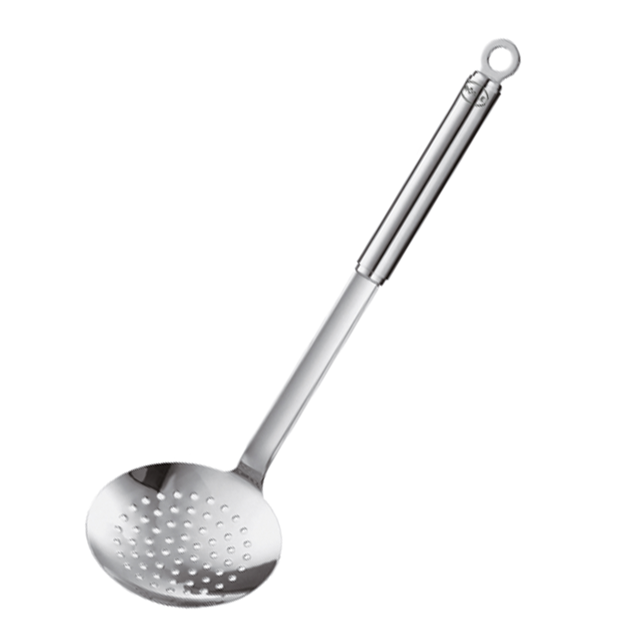 Flacher Schaumlöffel aus silberfarbenem Edelstahl grobe Lochung ergonomischer Griff hochglänzend-mattes Finish frontal