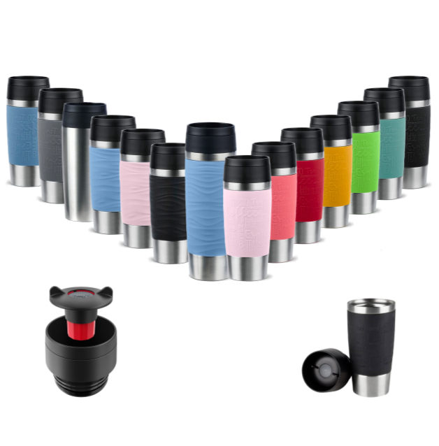 Bunte Emsa Travel Mugs – Frontalansicht mit Detailaufnahmen von Verschluss und geöffnetem Becher Frontalansicht mehrerer Emsa Travel Mugs in bunten Farben unten Detailaufnahmen von Verschluss und geöffnetem Becher