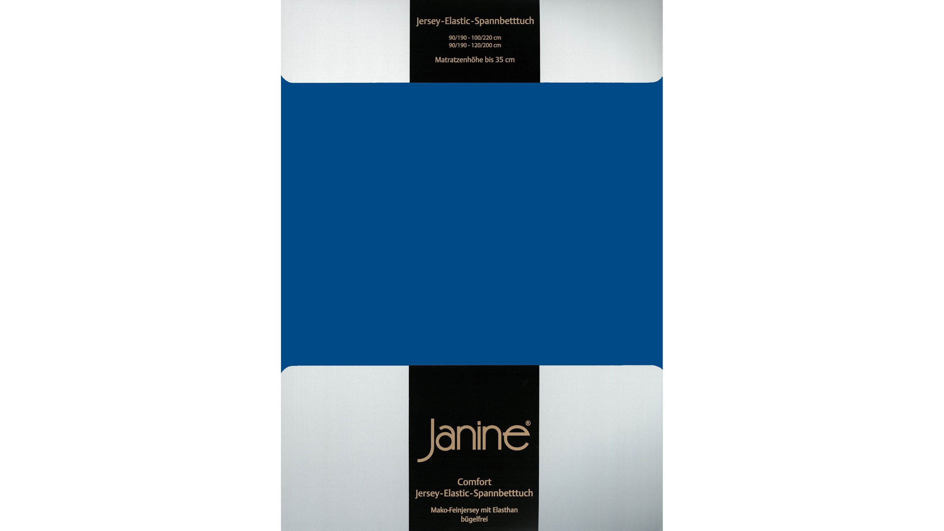 Spannbettlaken in royalblau mit elastischem Jersey-Stoff und Verpackung mit Markenaufdruck