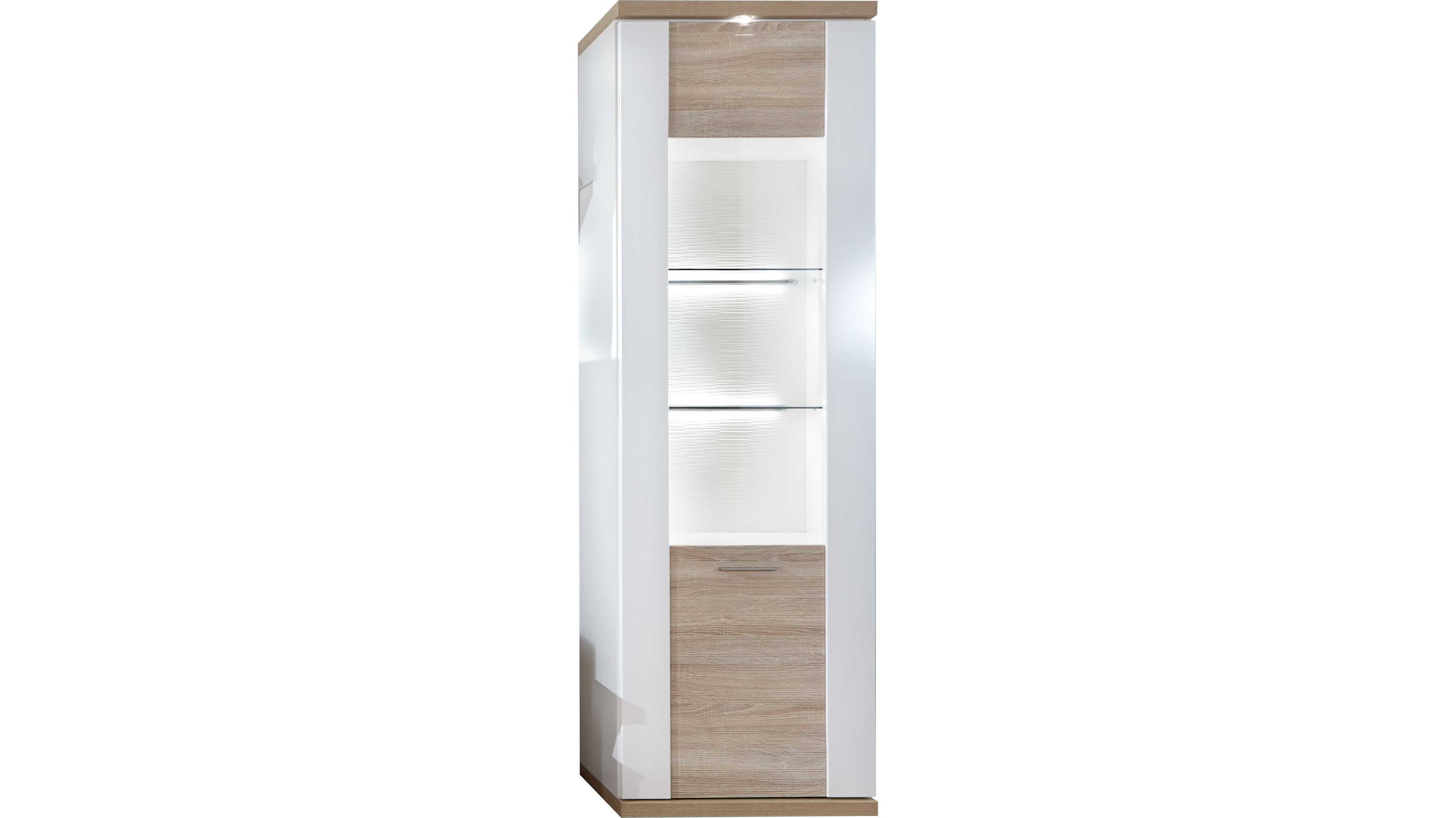 Hohe Vitrine mit einer Tür rechts weißer Korpus Tür mit Holzoptik und Glasflächen zwei Glasböden innen