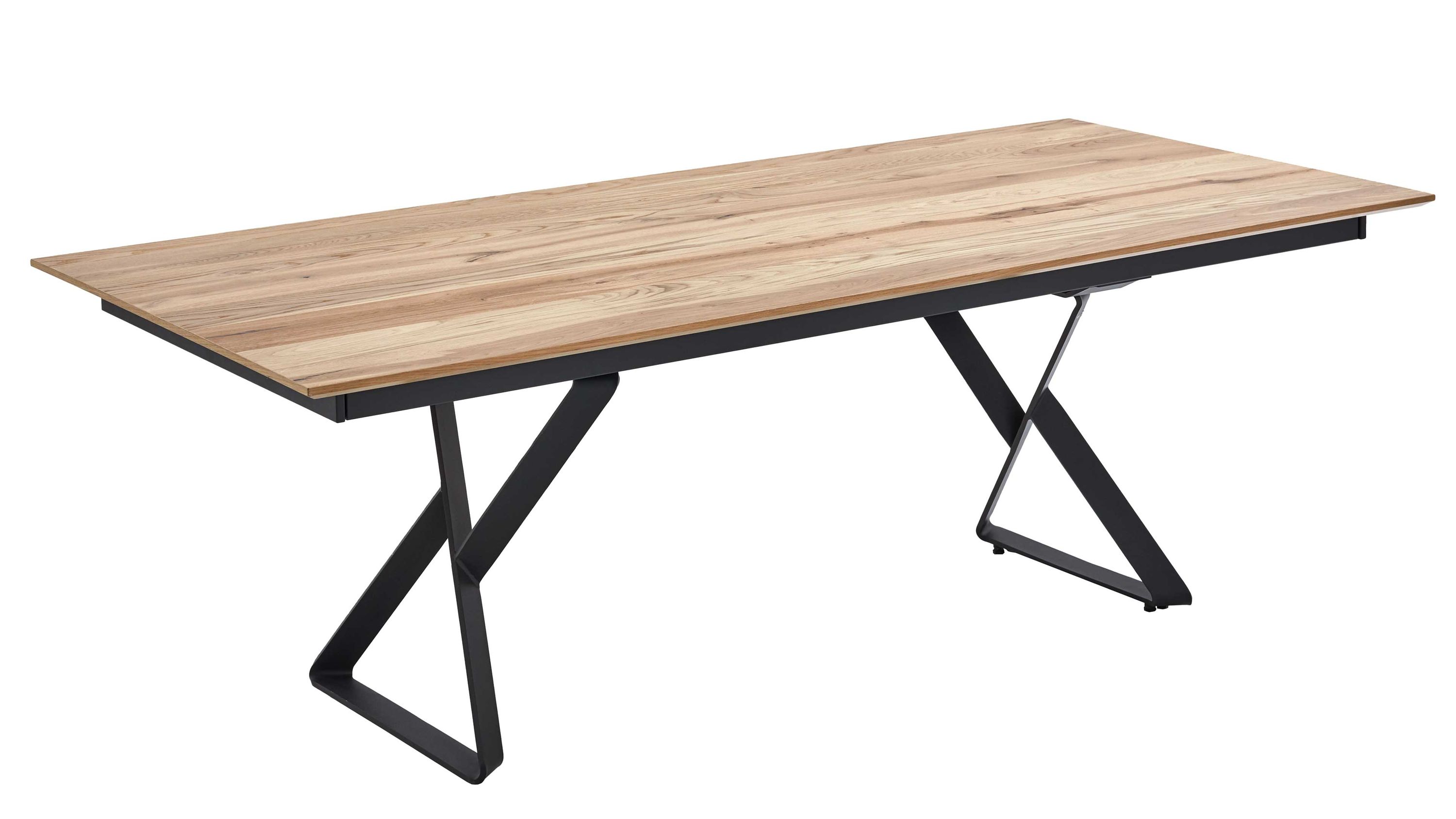 Esstisch mit Holzplatte und schwarzen Metallbeinen Rechteckiger Esstisch mit hellem Holzplatten und schwarzen Metallbeinen in Z-Form