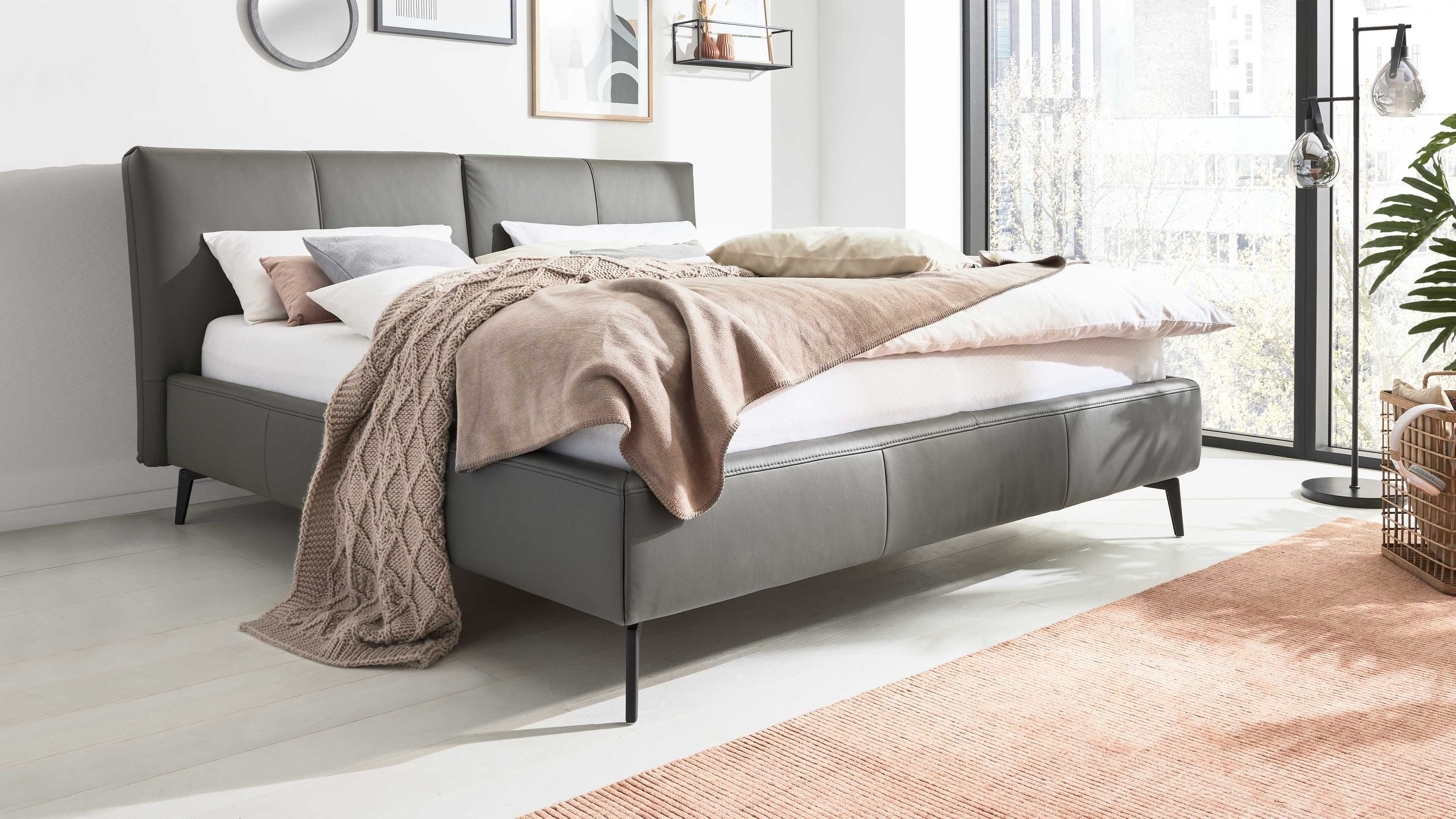 Polsterbettgestell in grauer Farbe mit gepolstertem Kopfteil und schwarzen Beinen in modernem Schlafzimmer