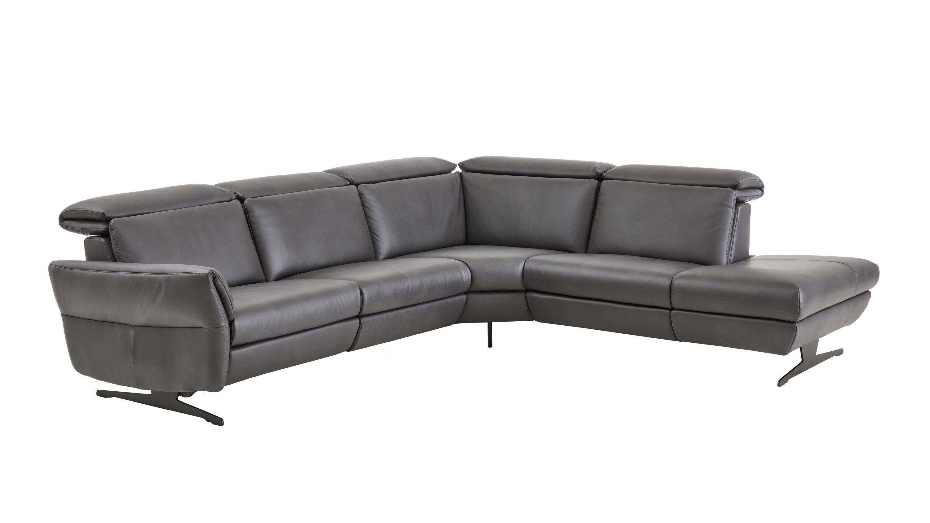 Ecksofa mit anthrazitfarbenem Lederbezug und schwarzen Metallkufen