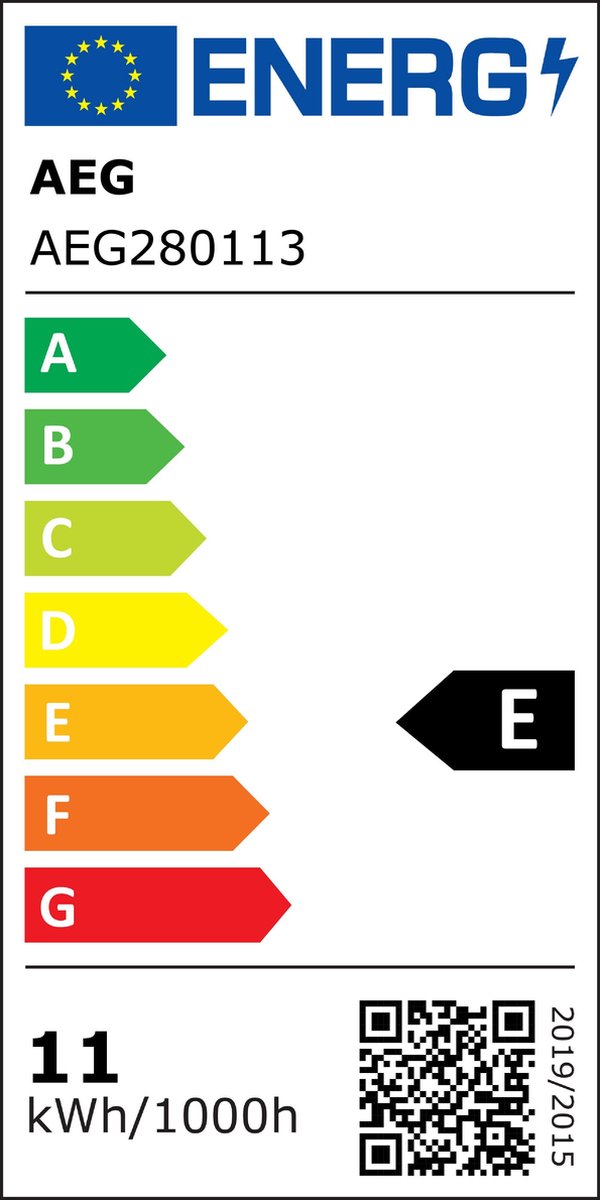 Frontalansicht eines Energieeffizienzlabels mit Skala AG Bewertung E 11 kWh/1000h QR-Code am unteren Rand