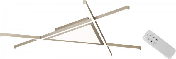 Deckenleuchte, Chrom/Weiß, dreieckig Schräge Ansicht dreieckiger Deckenleuchte mit Chromrahmen und weißen Kunststoffflächen, weiße Fernbedienung rechts