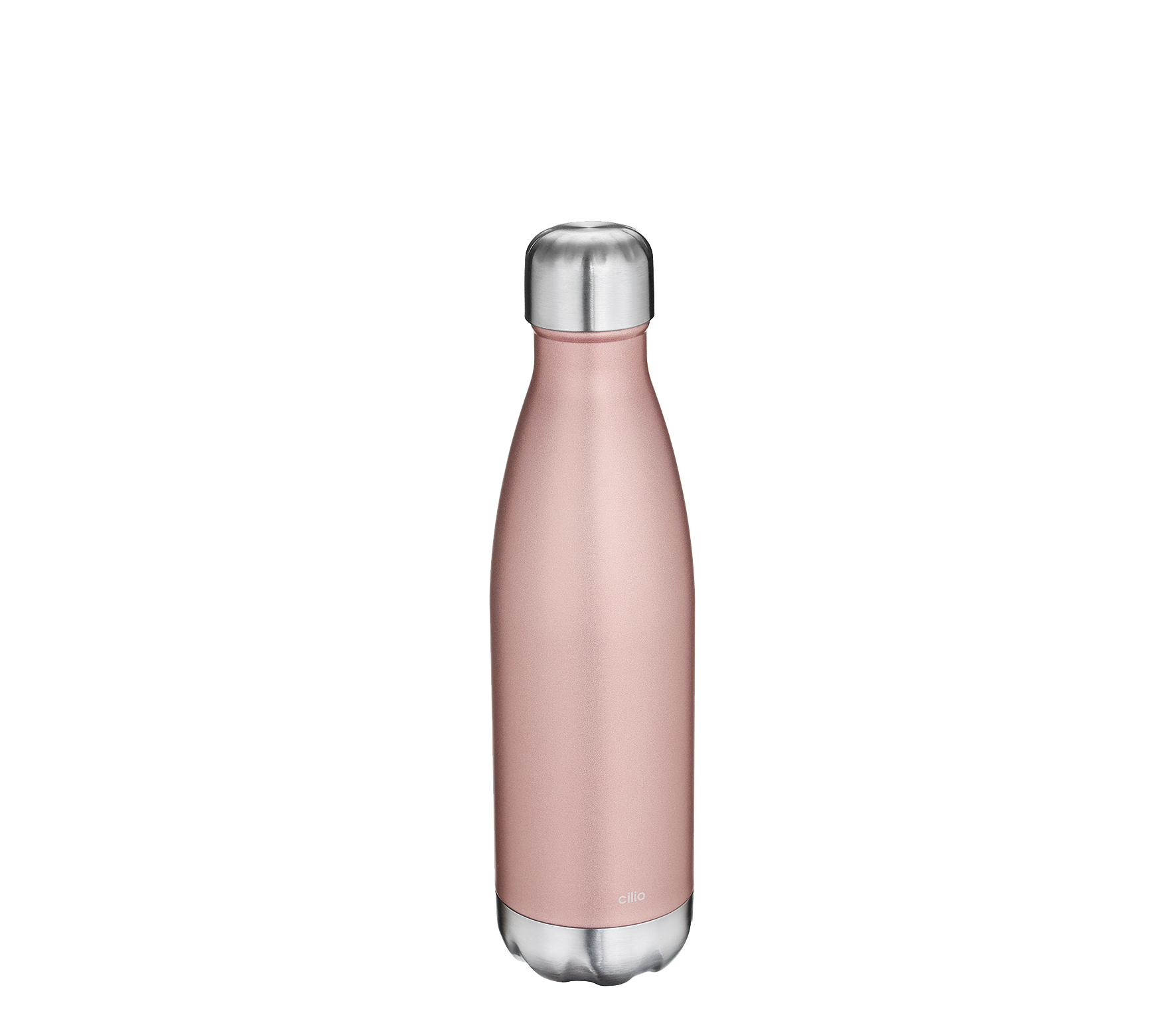 Pinkfarbene Thermoflasche mit silbernem Deckel und Boden  frontal aufgenommen