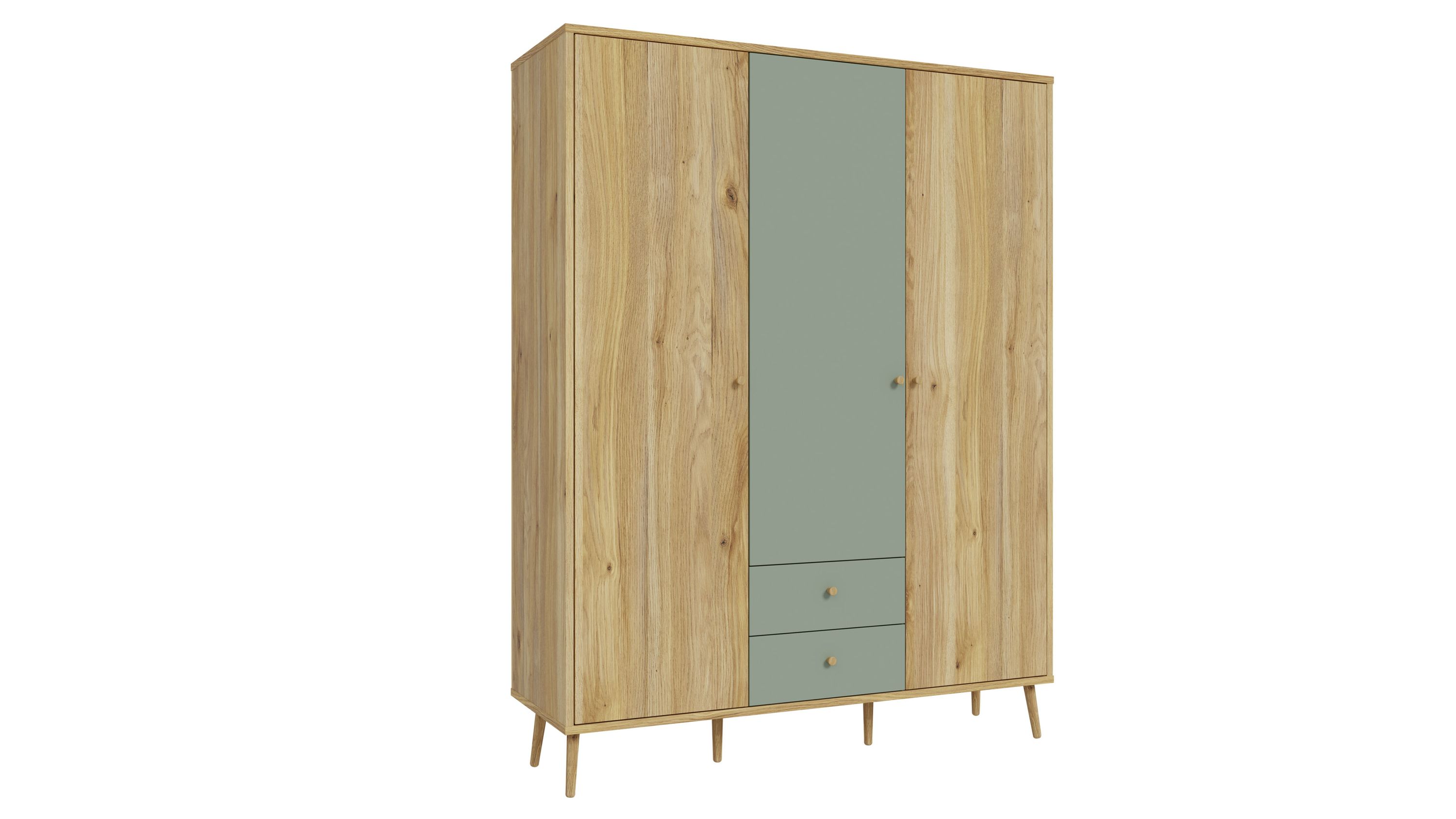 Dreiteiliger Kleiderschrank mit zwei holzfarbenen Türen und einer mittleren salbeigrünen Tür mit zwei Schubladen
