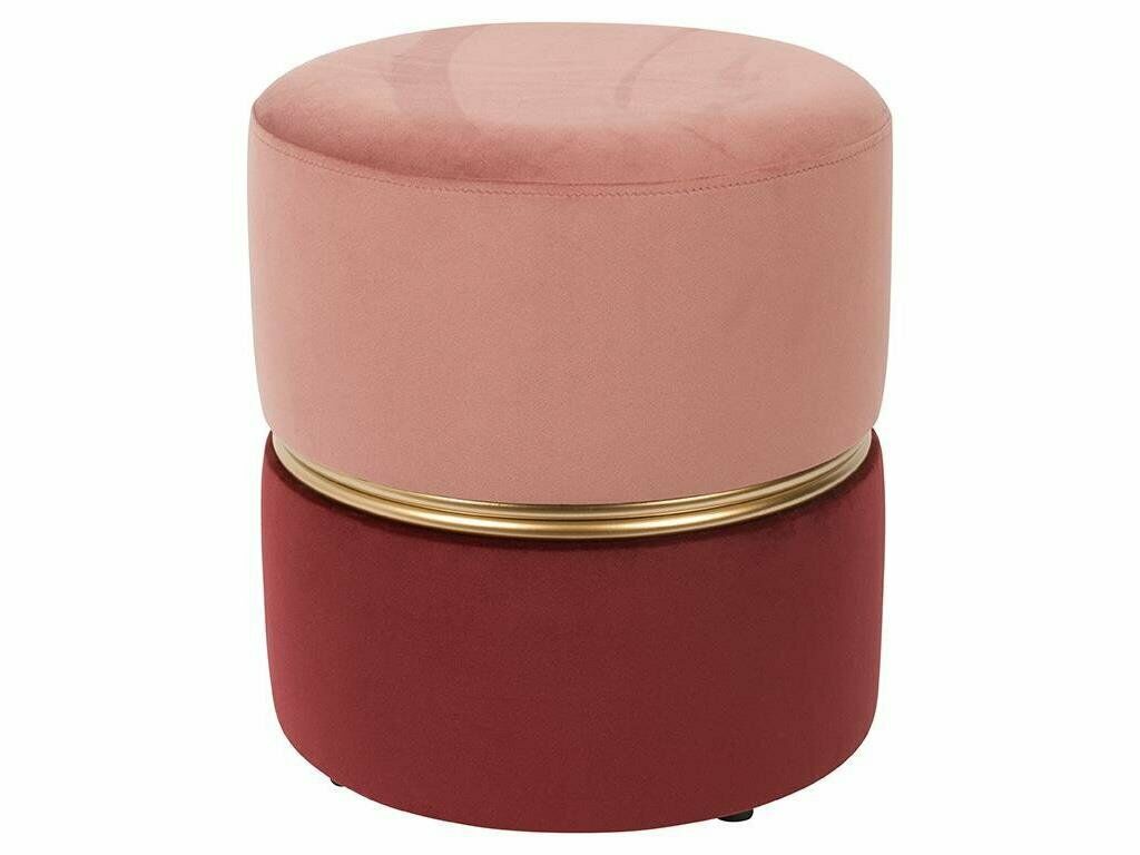 Runder Hocker mit rosa Sitzfläche  rotem Korpus und goldener Trennlinie  Frontansicht