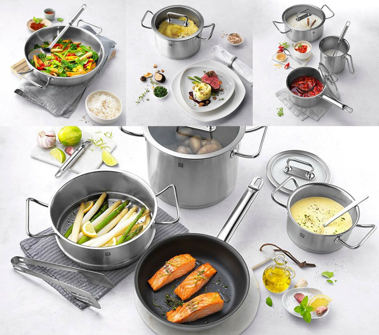 Mehrere Kochgefäße mit zubereiteten Speisen wie Gemüse, Fisch, Suppe und Pasta