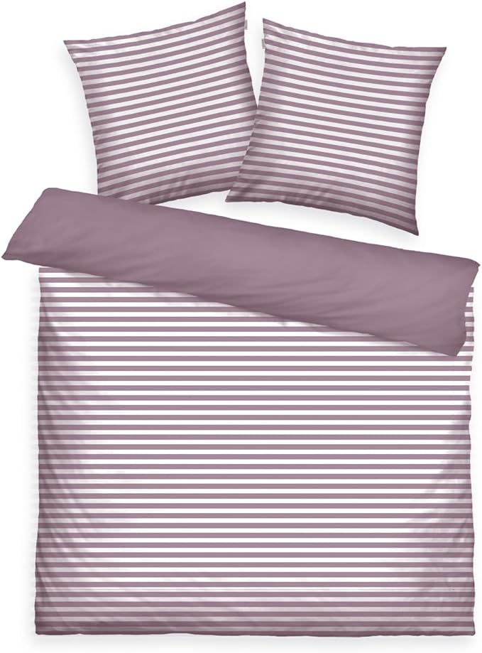 Lila-weiß gestreiftes Bettwäsche-Set mit zwei Kissen und Bettdecke, Draufsicht
