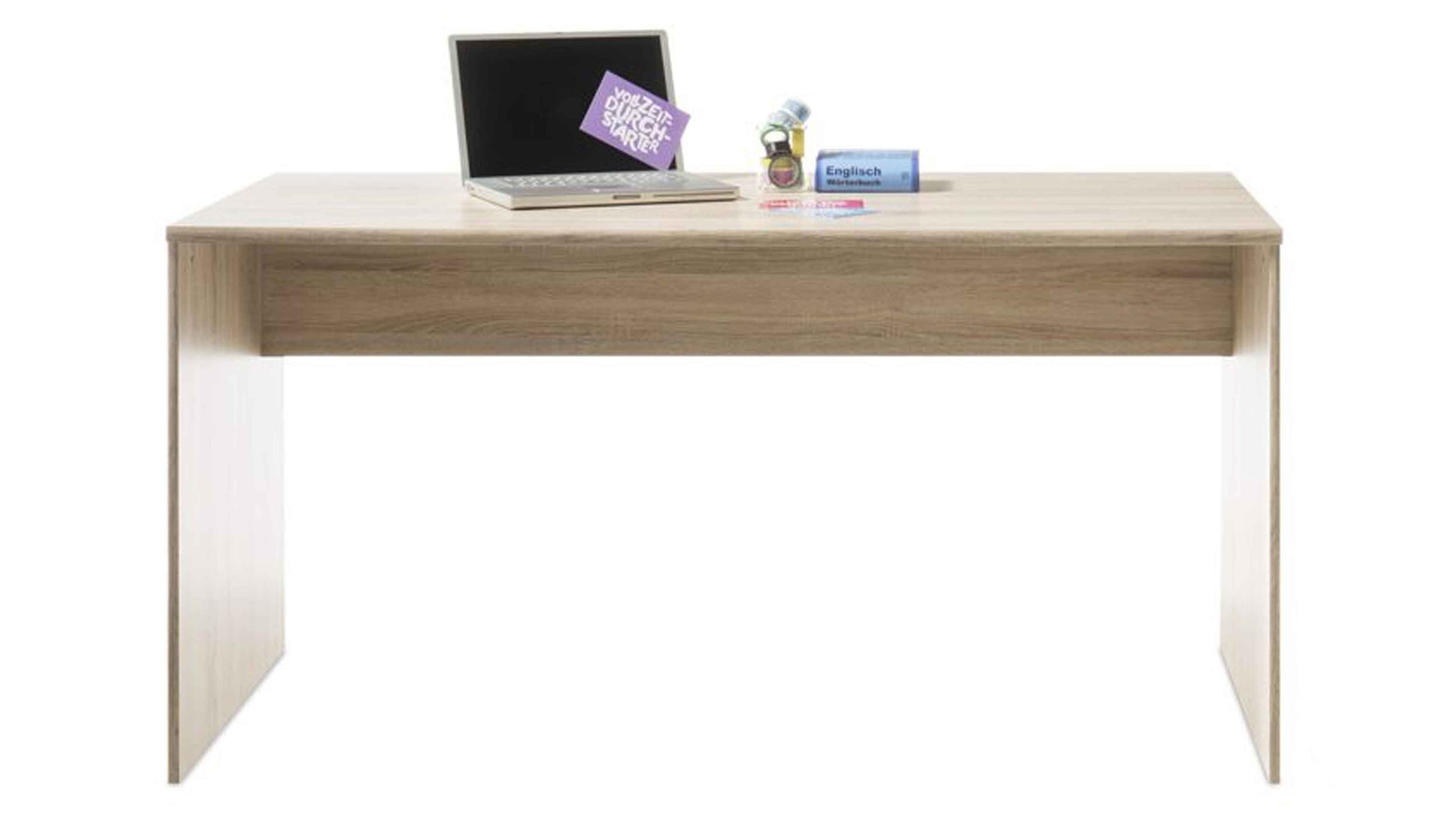 Schreibtisch mit rechteckiger Platte und seitlichen Blenden in heller Holzoptik mit Laptop und kleinen Gegenständen darauf