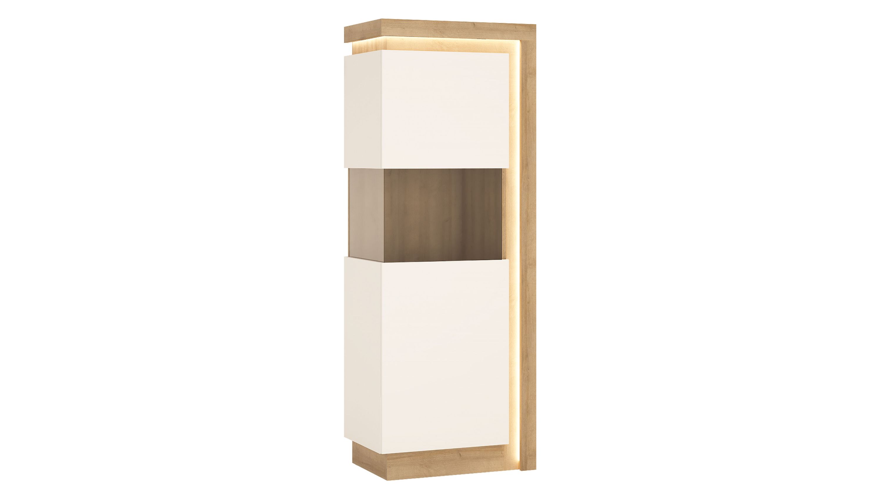 Hohe Vitrine mit zwei weißen Türen und einem offenen Fach in der Mitte Rahmen in heller Holzoptik