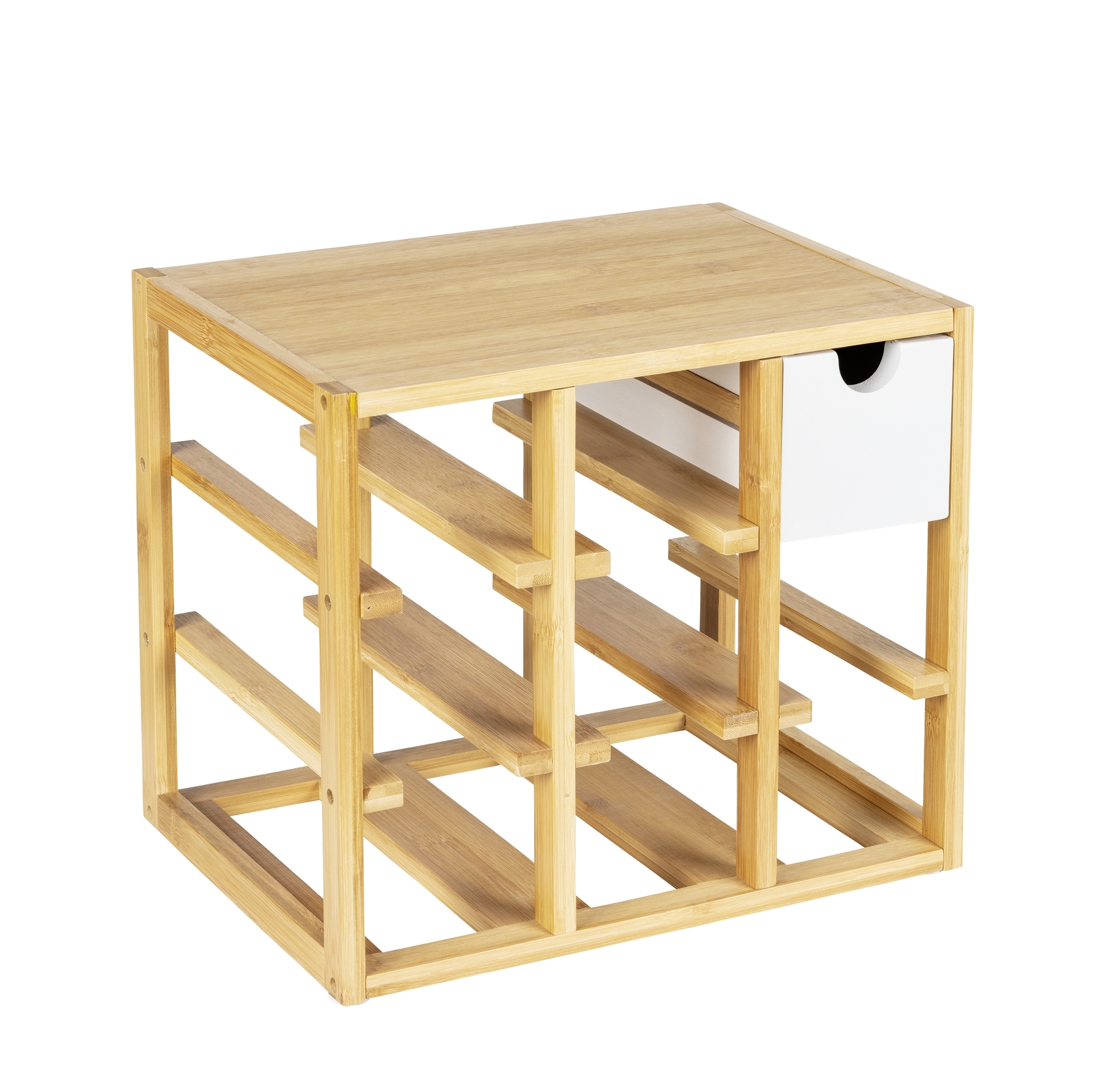 Quadratisches Weinregal mit Flaschenfächern Quadratisches Weinregal, braun, mit Flaschenfächern und weißer Schublade oben rechts schräg von links aufgenommen