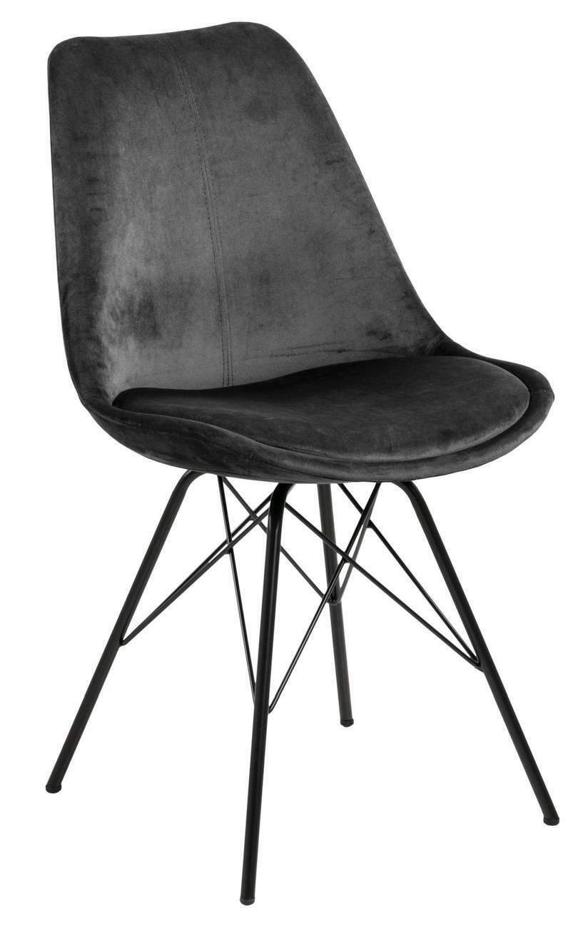 Moderner Esszimmerstuhl mit schwarzem Samtbezug, gepolsterter Sitzfläche und filigranem Metallgestell in Schwarz