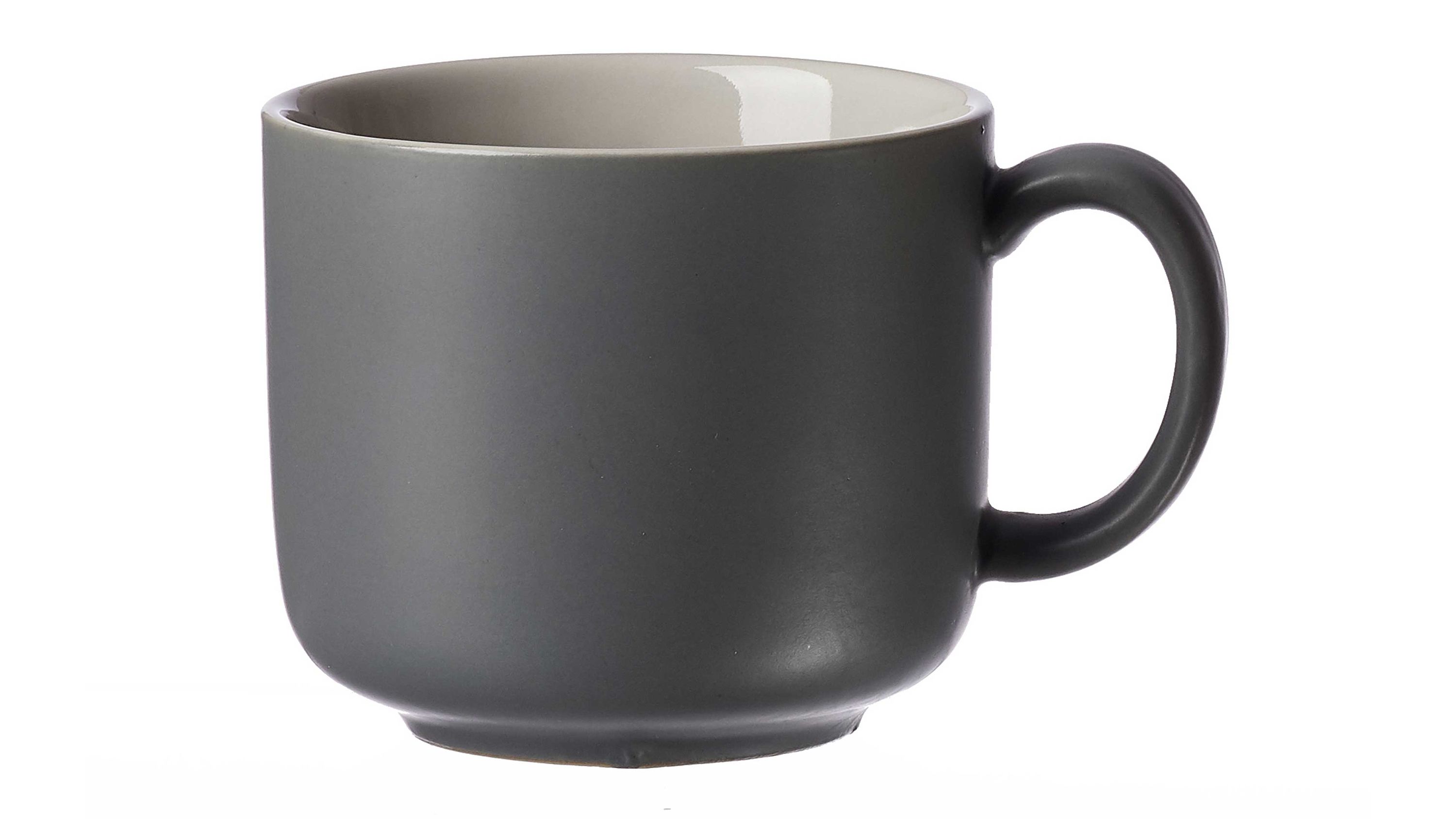 Graue Kaffeetasse mit rundem Henkel und weißer Innenfläche