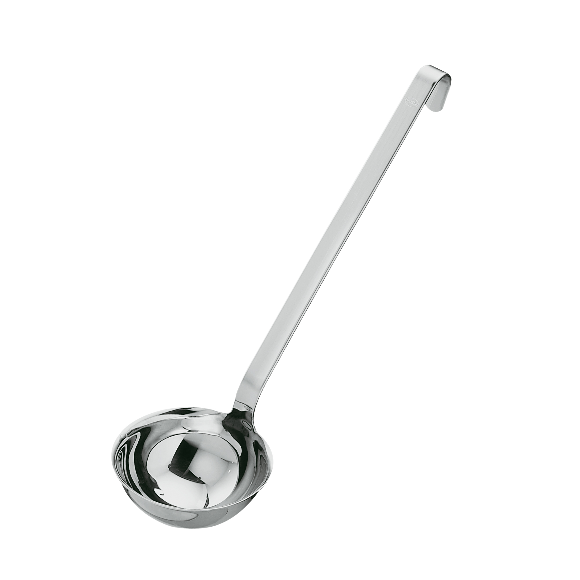 Schöpflöffel, Silber Schöpflöffel aus Edelstahl mit mattsilberner Oberfläche und Haken am Griff  aufgenommen leicht schräg von oben