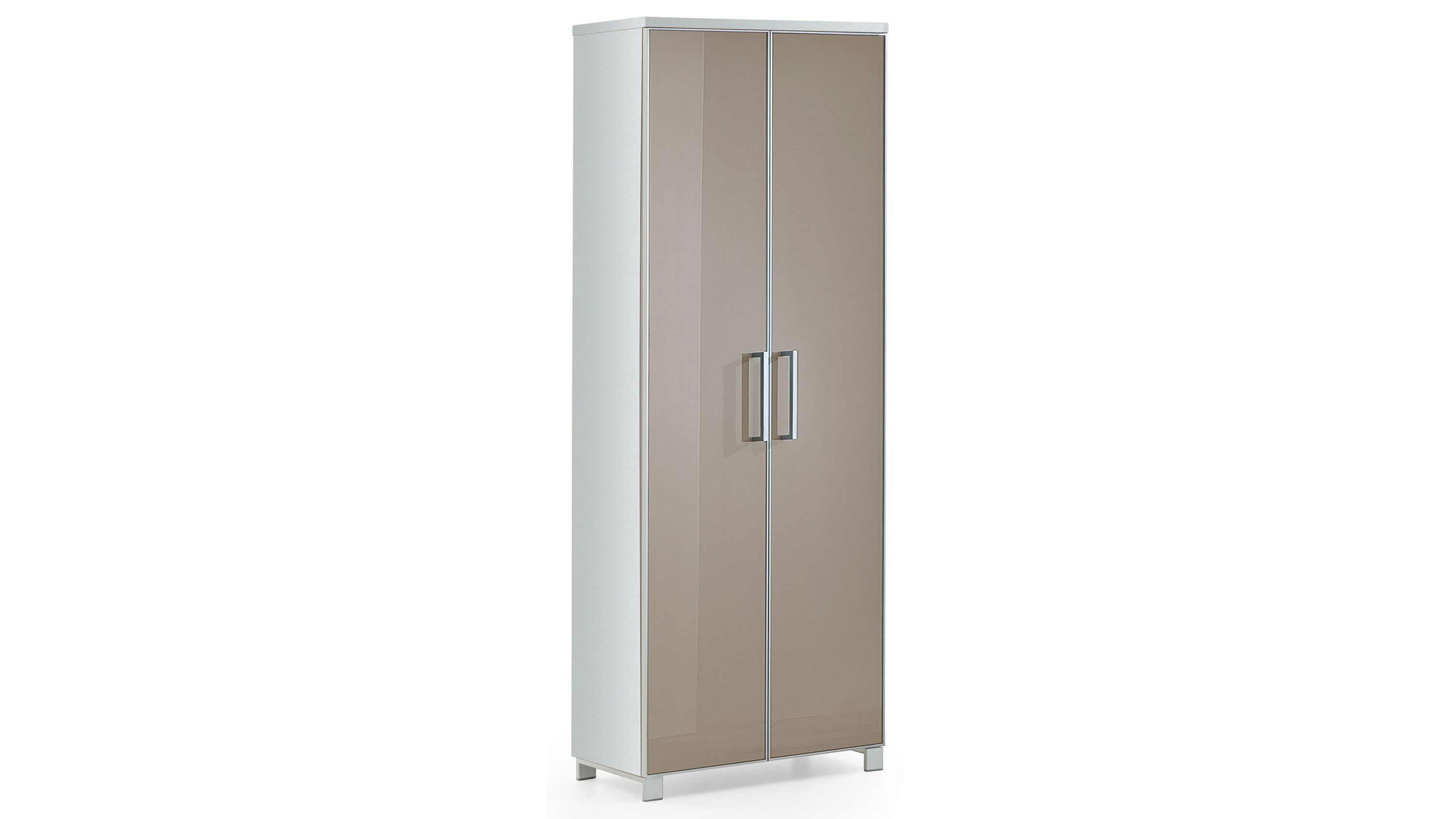 Garderobenschrank mit zwei taupefarbenen Glastüren und weißem Korpus
