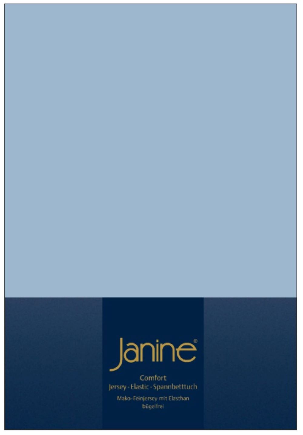Hellblaues Topper-Spannbetttuch in dunkelblauer Verpackung mit grüner Janine-Aufschrift leicht von oben