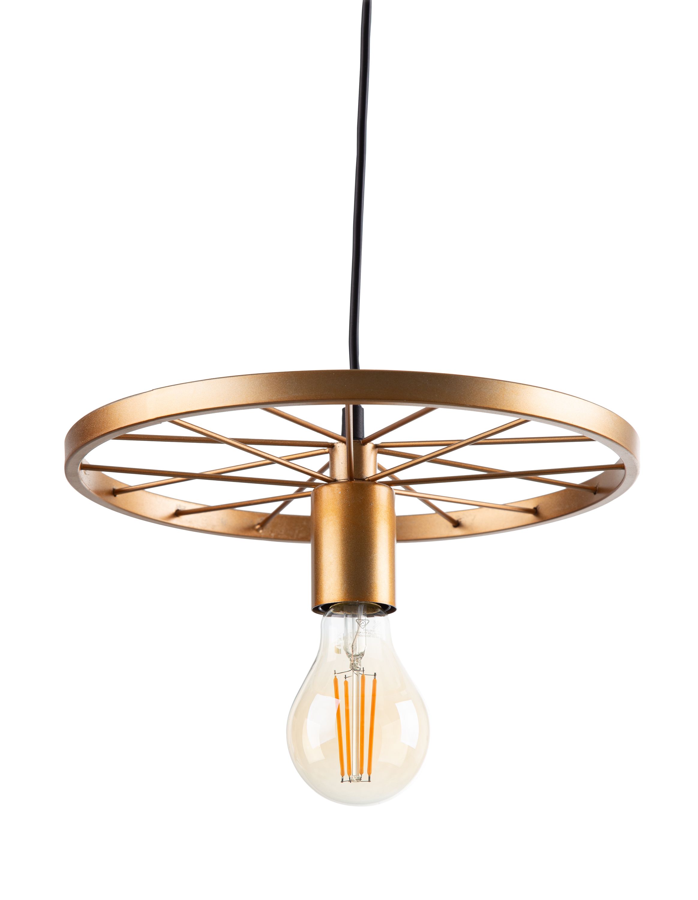Moderne Pendelleuchte mit Metallrahmen Pendelleuchte mit rundem Metallrahmen und sichtbarer Glühbirne, hängend an schwarzem Kabel, von unten fotografiert