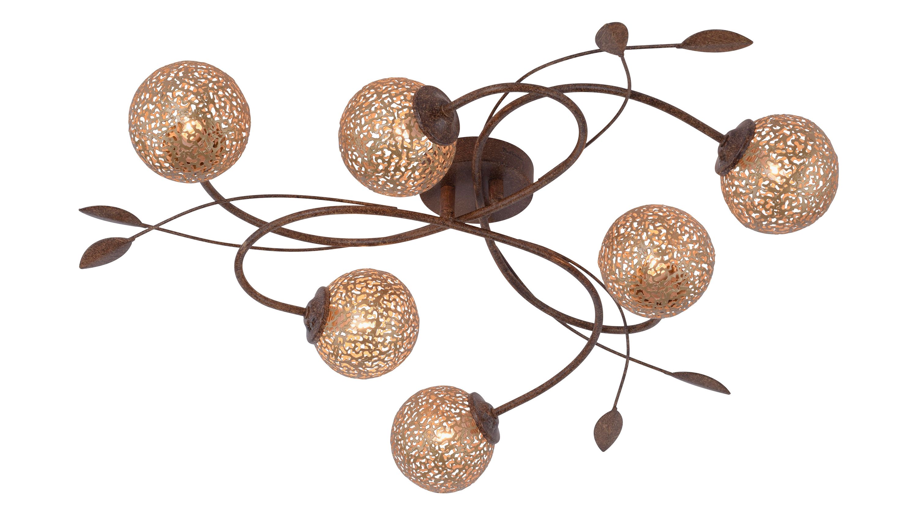Deckenlampe mit sechs kugelförmigen Leuchten und geschwungenen Armen mit Blattmotiven in rost- und goldfarben