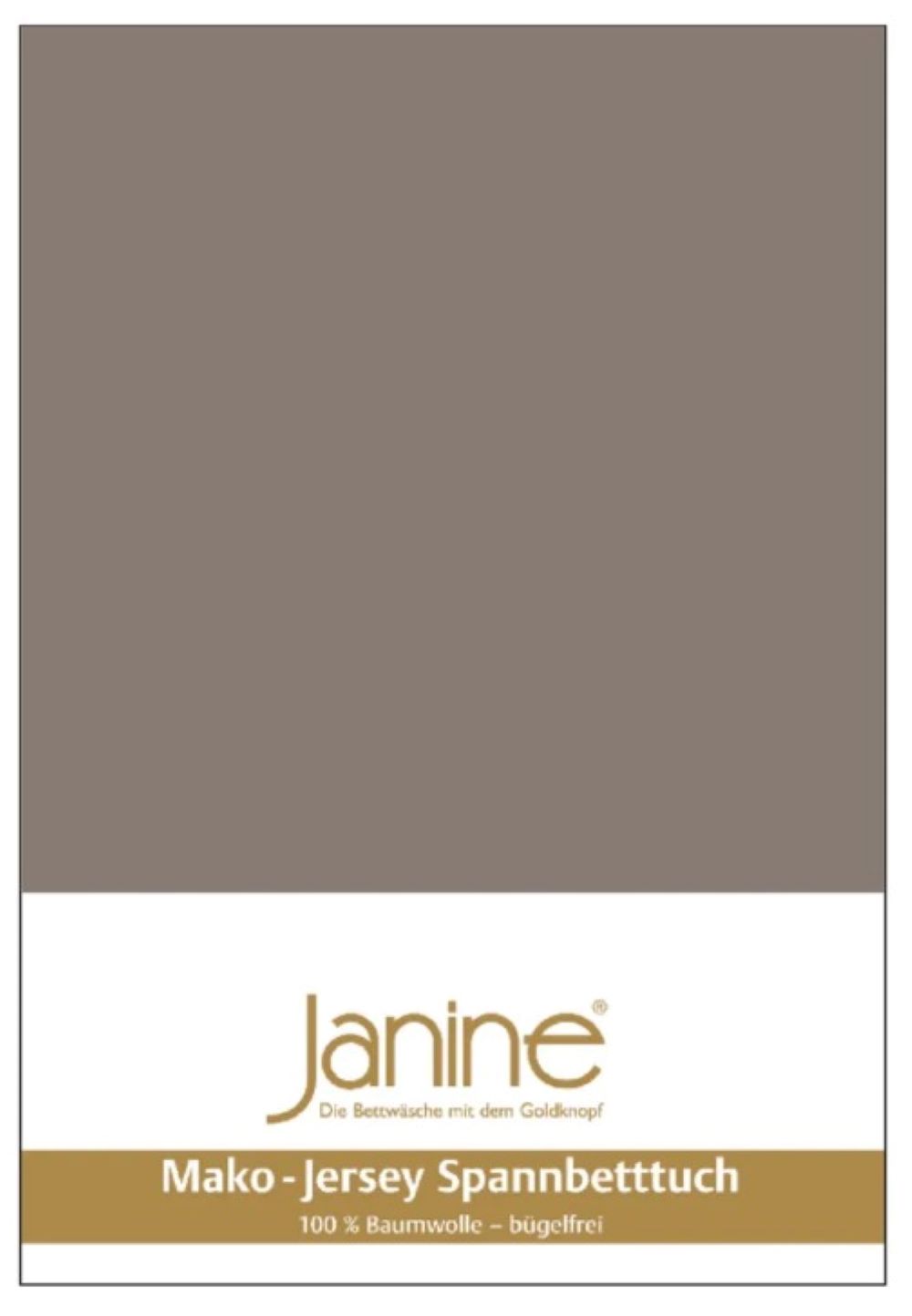Taupefarbenes Feinjersey-Spannbetttuch in weiß-goldener Verpackung mit goldener Janine-Aufschrift  frontal fotografiert