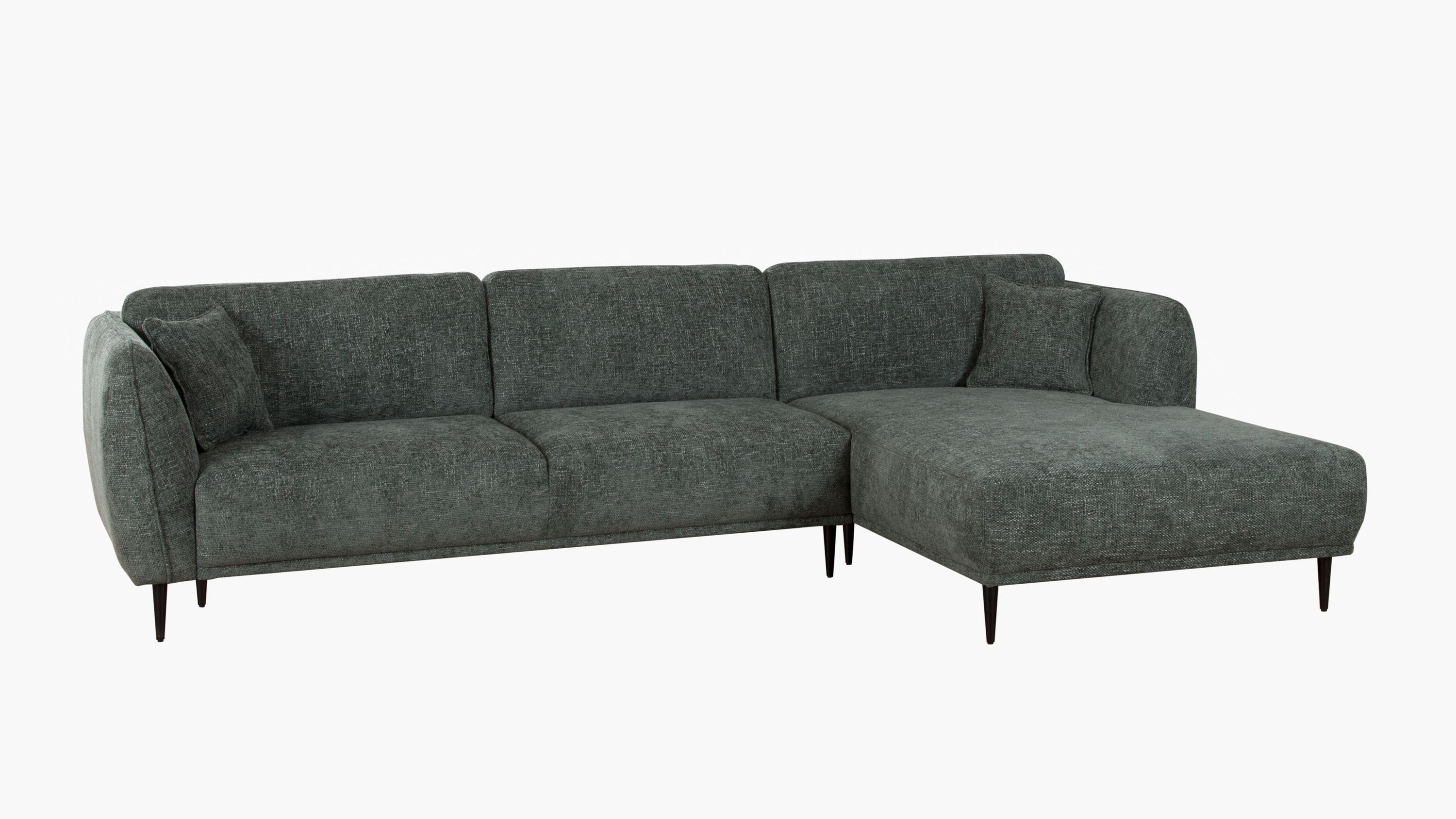 Ecksofa mit dunkelgrünem Stoffbezug und schwarzen Metallfüßen