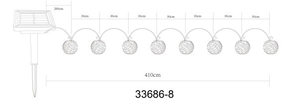 Skizze  Seitenansicht einer Solarleuchte mit Erdspieß  Solarpanel und acht Lampen an 3 3?m Kabel  je 20?cm Abstand