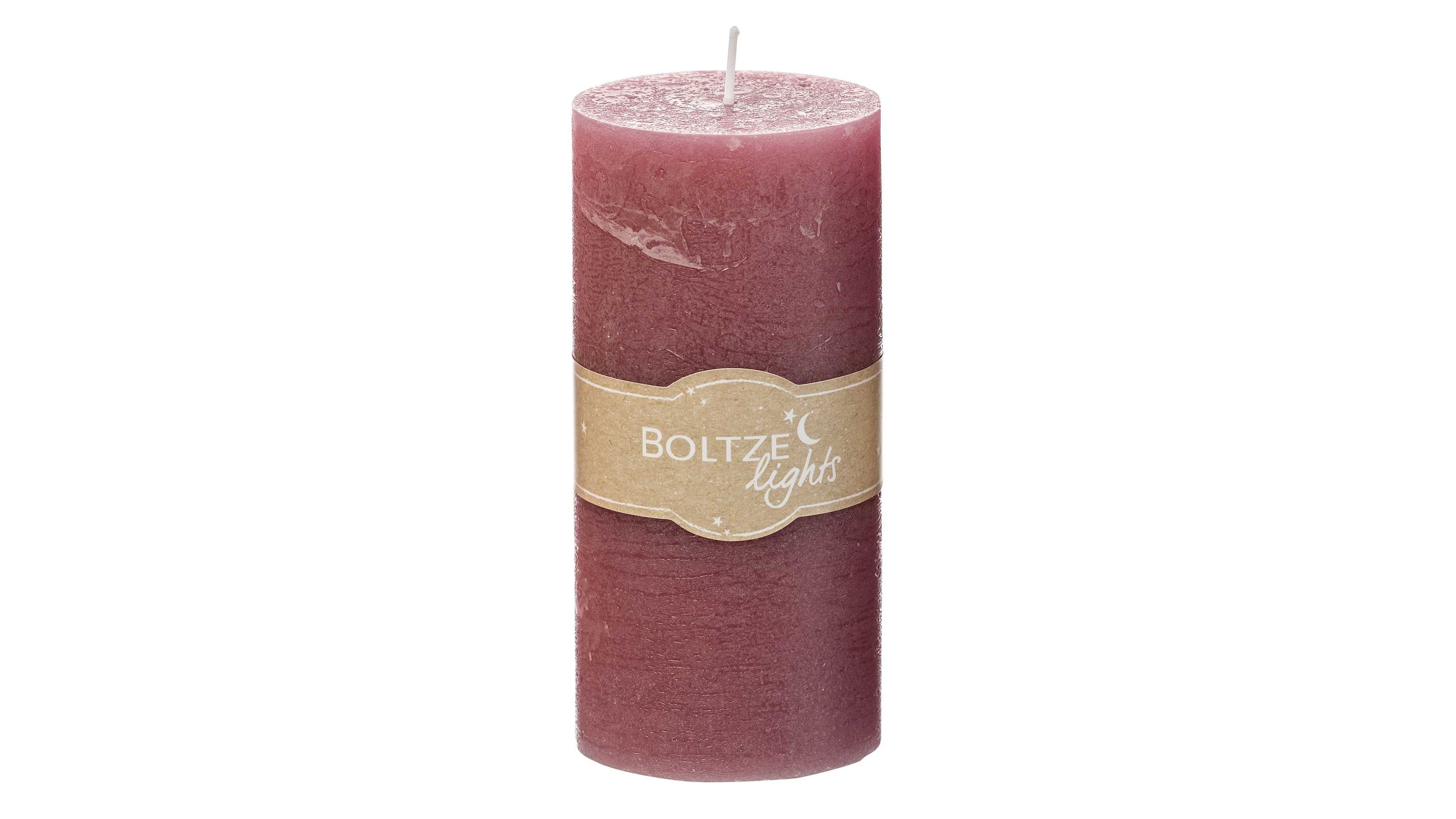 Zylindrische Stumpenkerze in mauve mit Papierband und Aufdruck