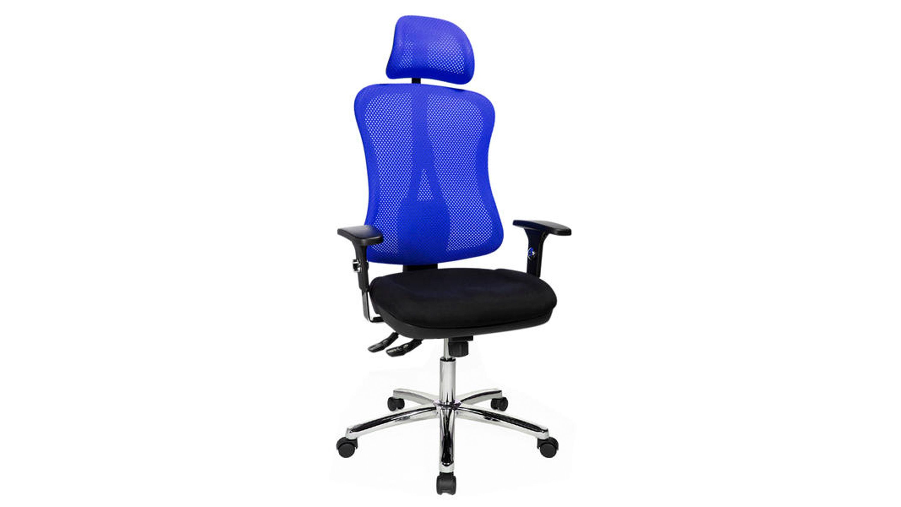 Bürodrehstuhl mit blauem Netzrücken schwarzer Sitzfläche Armlehnen und verchromtem Drehkreuz