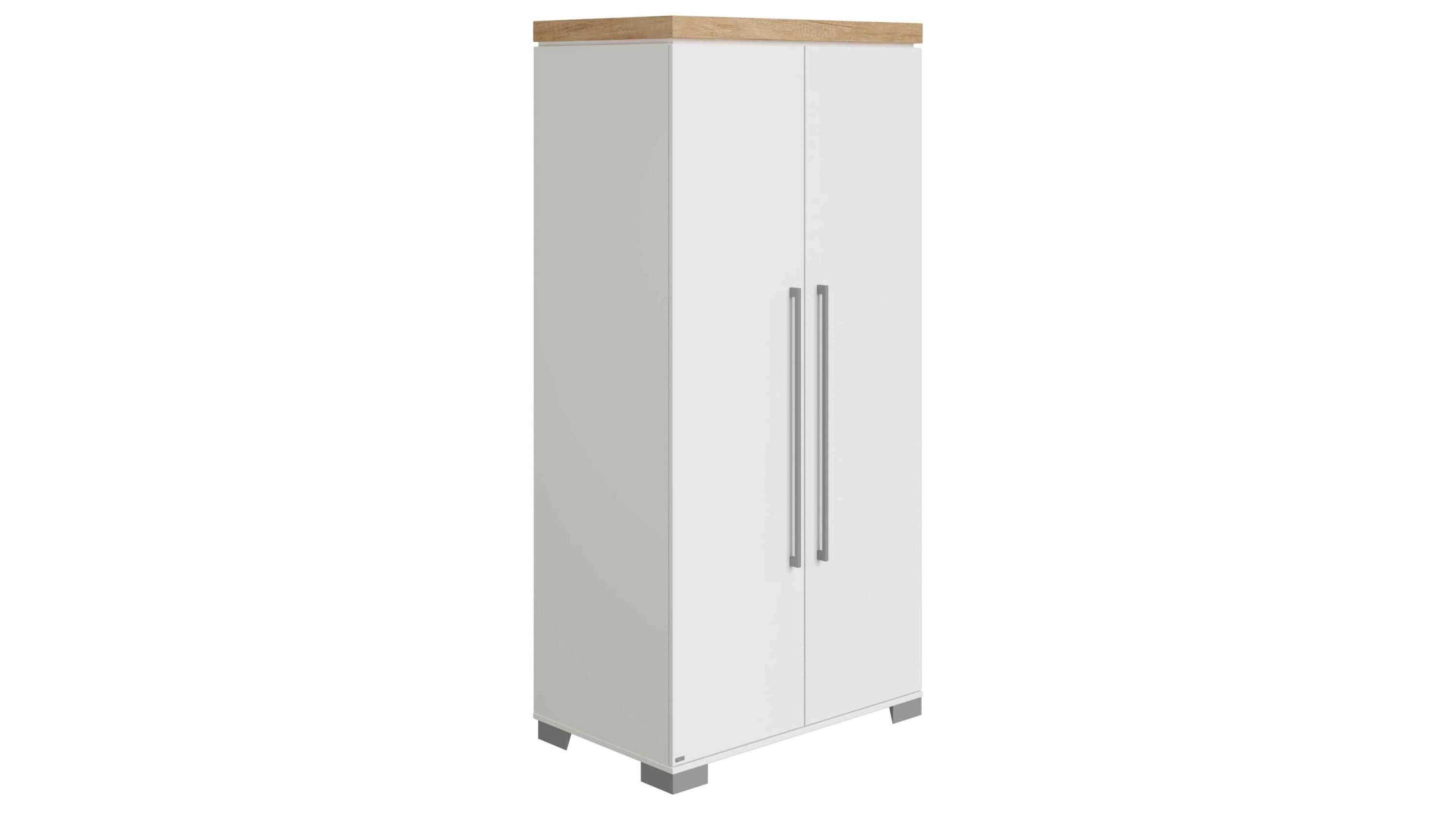 Zweifarbiger Kleiderschrank mit zwei weißen Türen und Holzdekor oben und an den Seiten