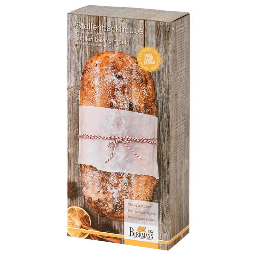 Frontal fotografierte Produktverpackung Stollenbackhaube schwarzer Kohlenstoffstahl zeigt gebackenes Stollenbrot