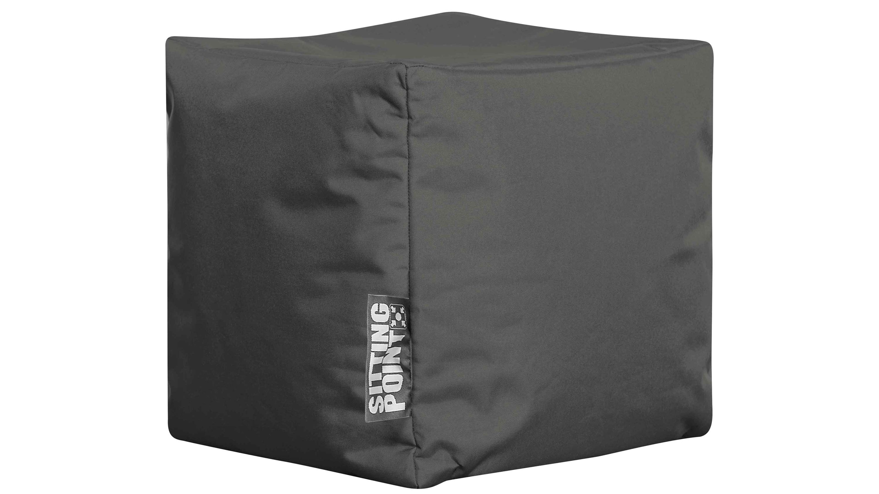 Anthrazitfarbener Sitzwürfel in Würfelform mit sichtbarem Sitting Point Logo