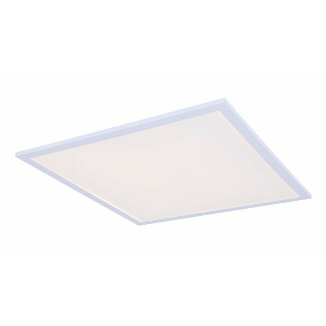 Quadratische Deckenleuchte mit Diffusor Quadratische Deckenleuchte mit weißem Rahmen und Lichtdiffusor, von schräg unten fotografiert.