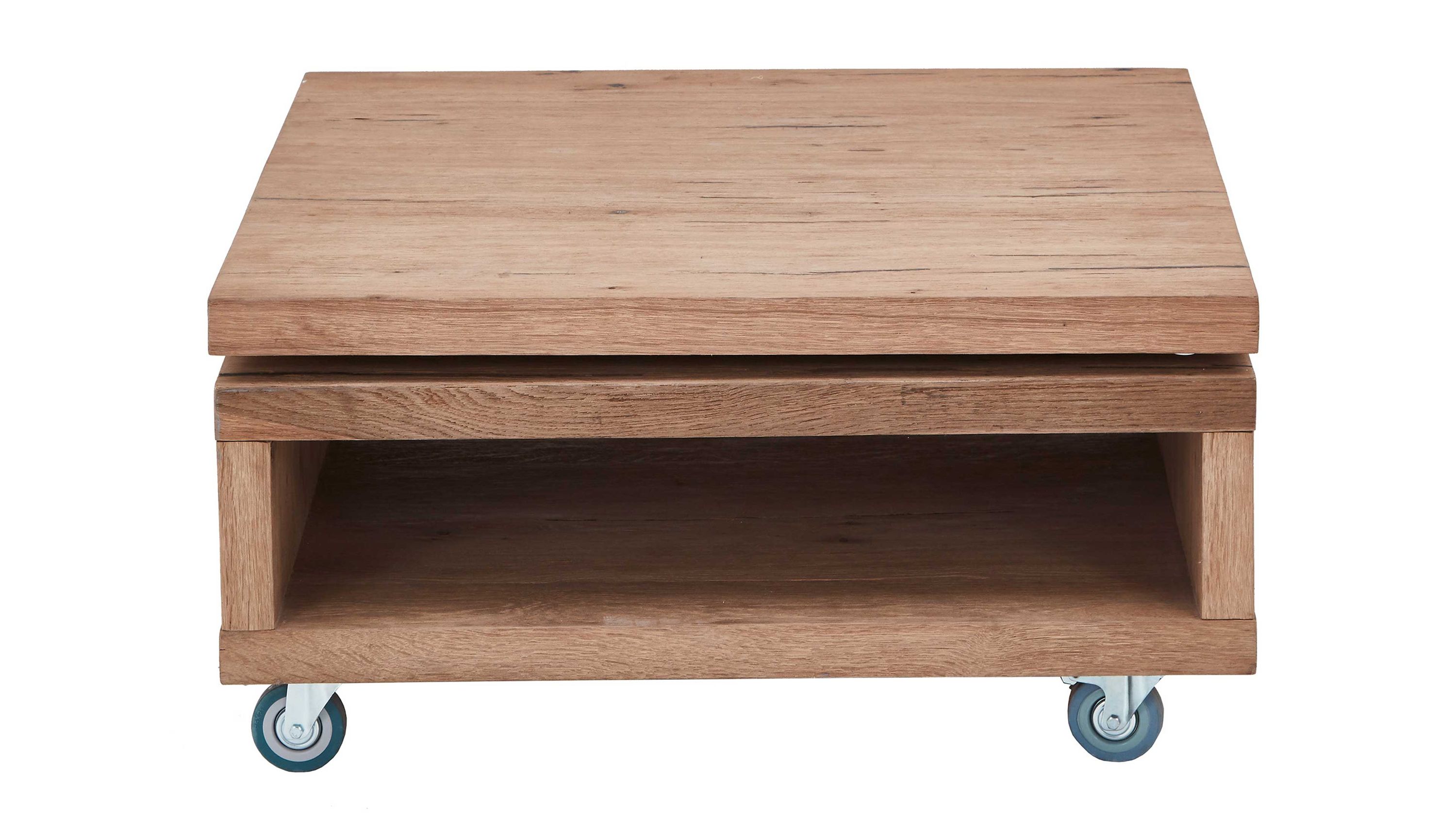 Quadratischer Couchtisch mit Ablage und Rollen in Holzoptik Quadratischer Couchtisch mit offener Ablagefläche und Rollen in hellbrauner Holzoptik